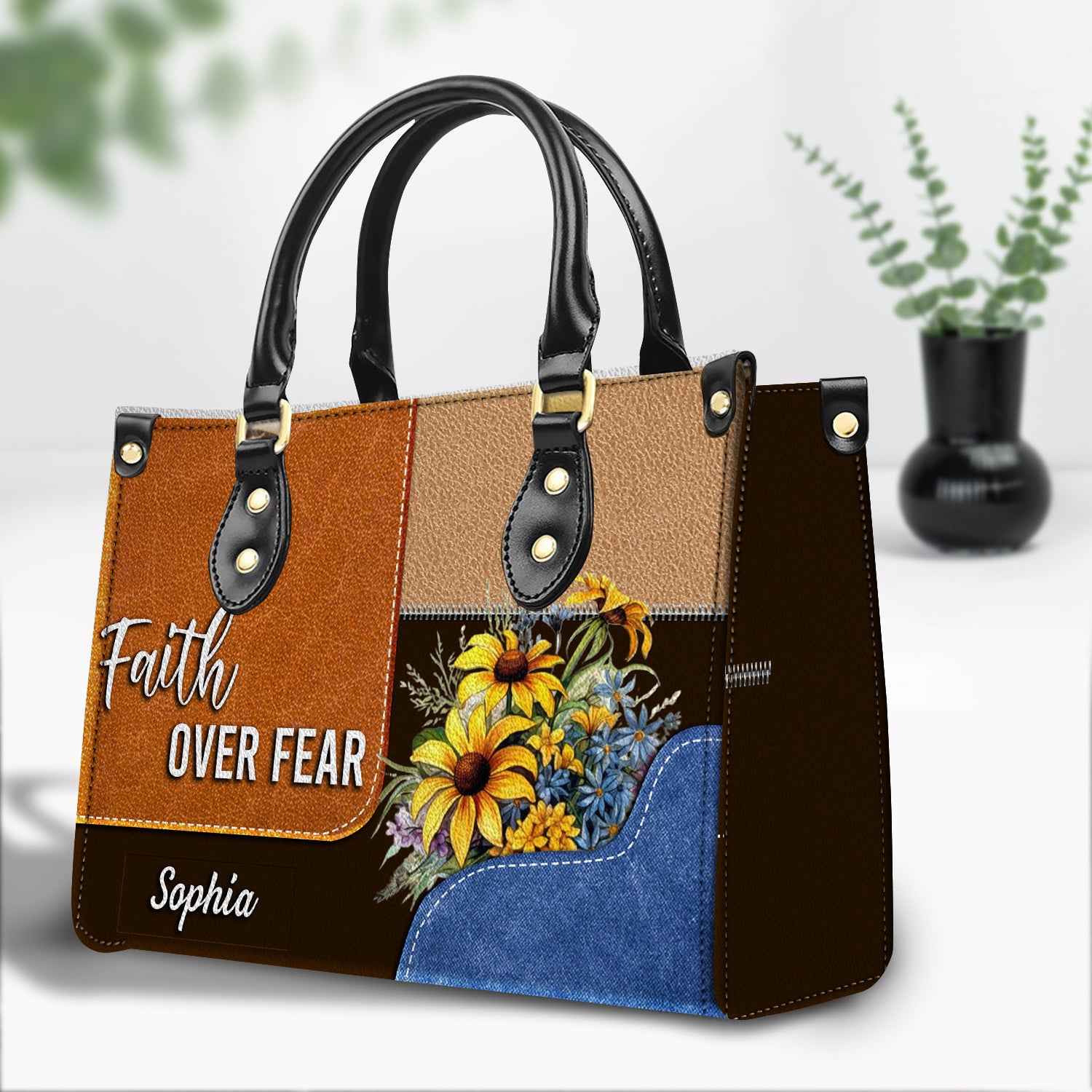 Faith Over Fear Personalized Sunflower Leather Handbag Religious Gift Christian Gifts For Women