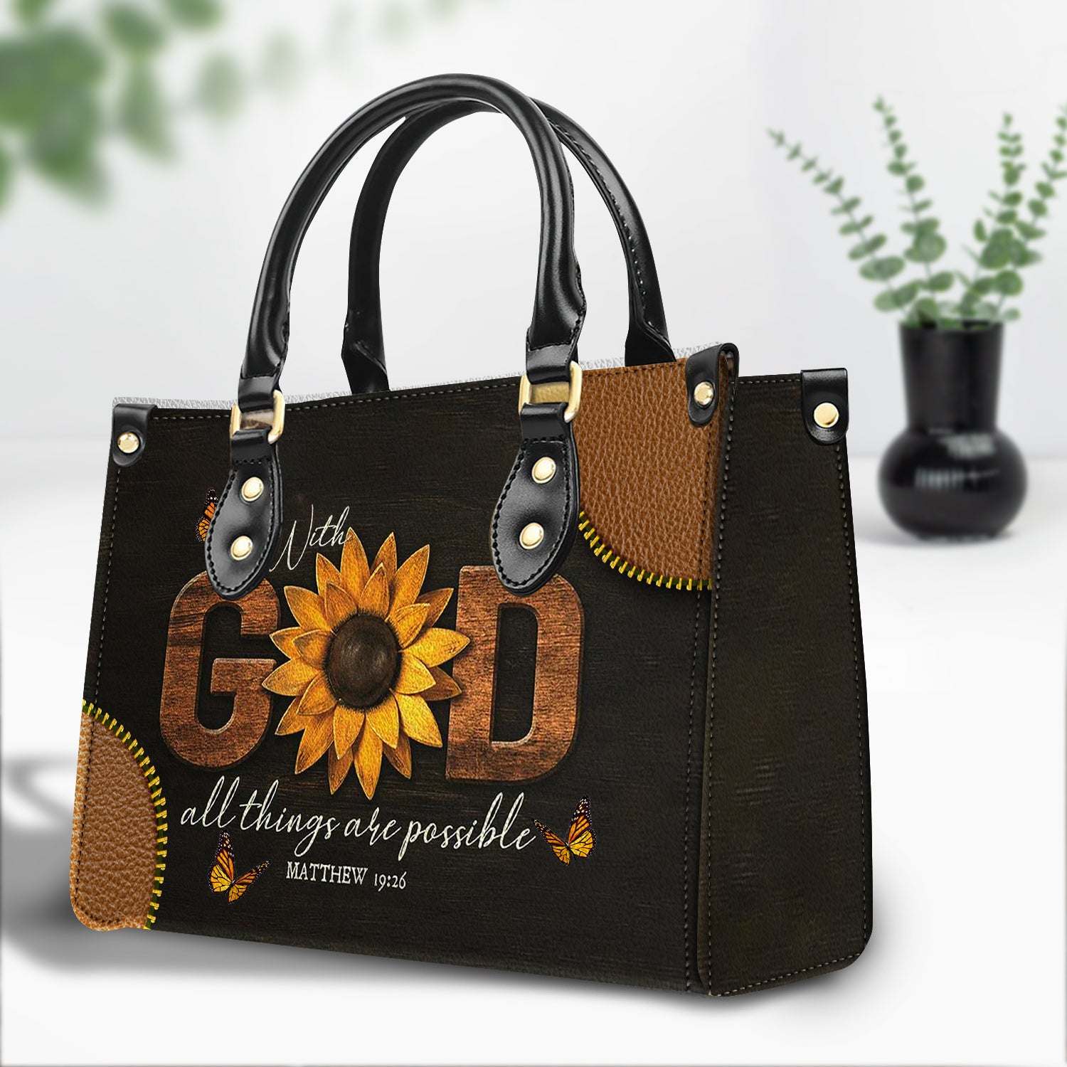 Sunflower All Things Are Possible Zippered Leather Handbag With Handle Christian Gift Religious Gift For Women