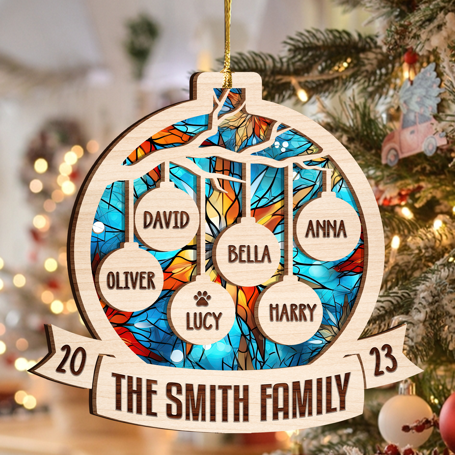Christmas Family Stained Glass Custom Two Layers Suncatcher Ornament Christmas Ornament Car Hanging Ornament