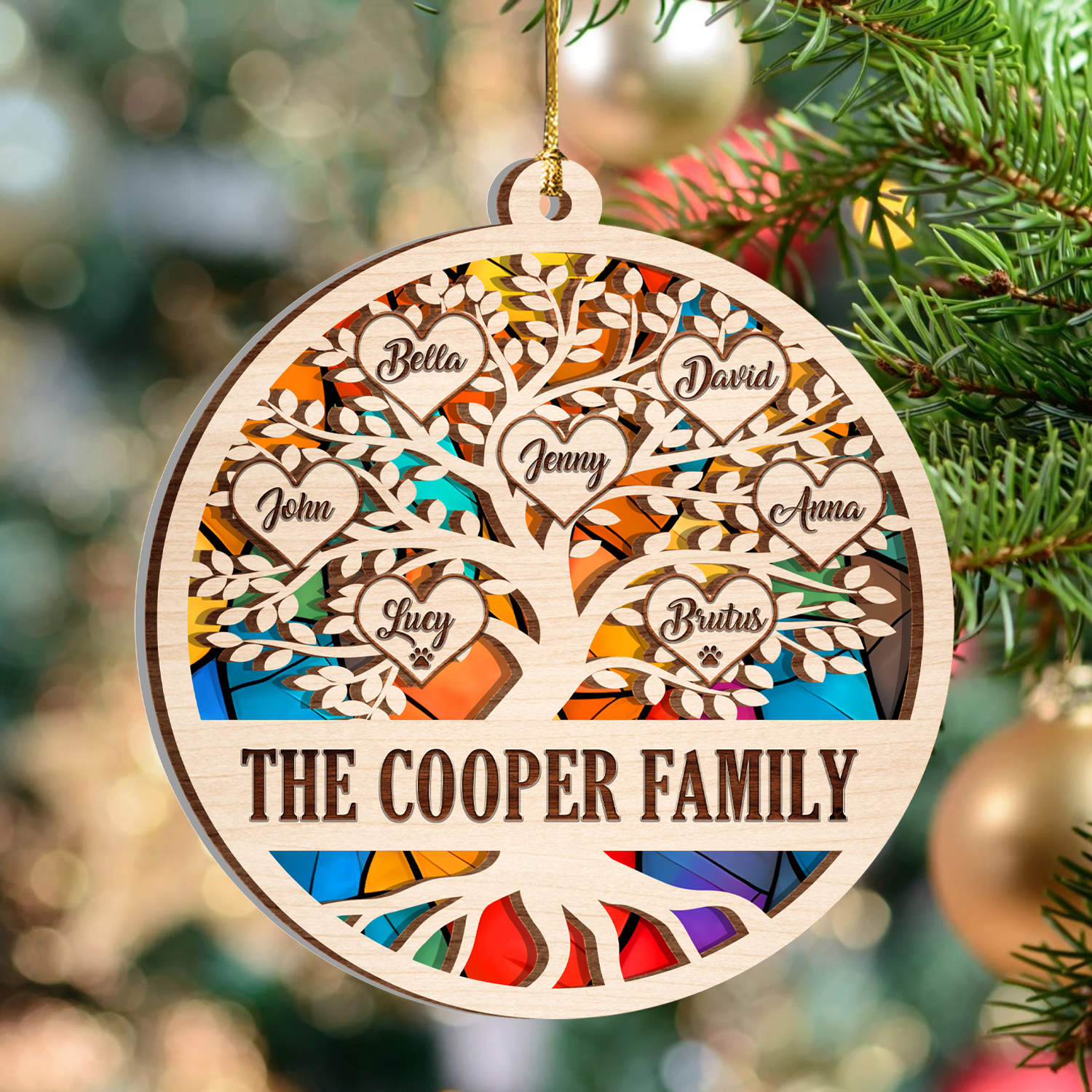 Christmas Family Tree Stained Glass Custom Two Layers Suncatcher Ornament Christmas Ornament Car Hanging Ornament