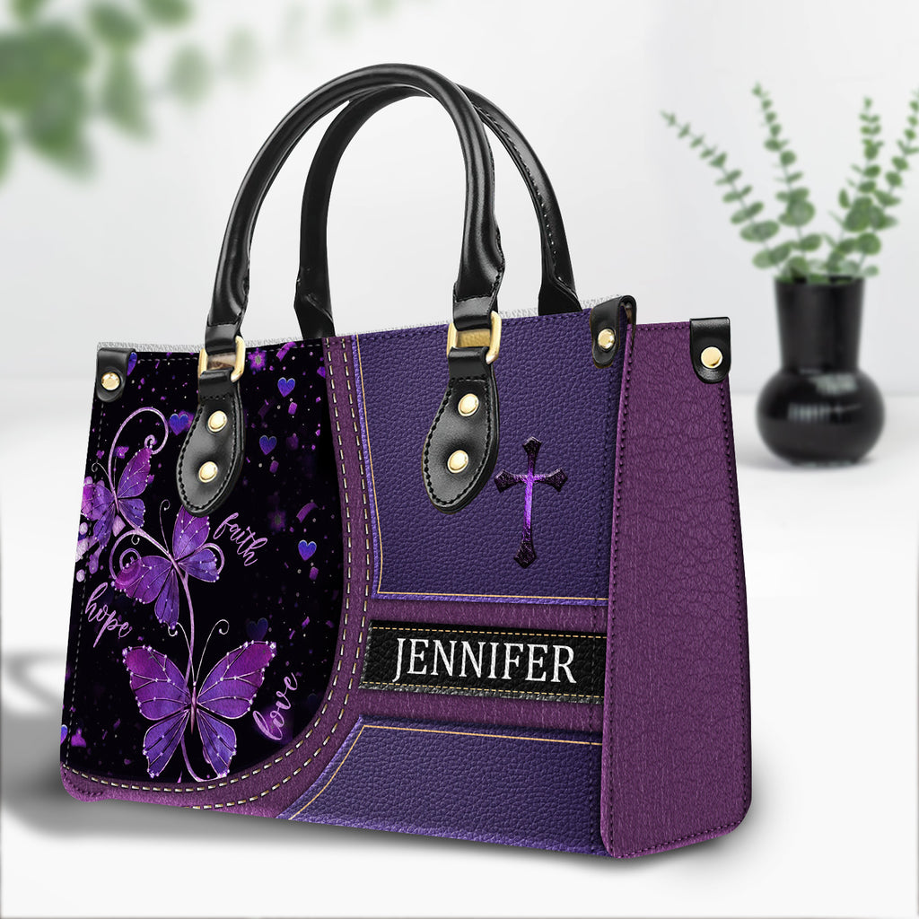 Faith Hope Love Purple Bag Personalized Leather Handbag Bags, Gifts for Women