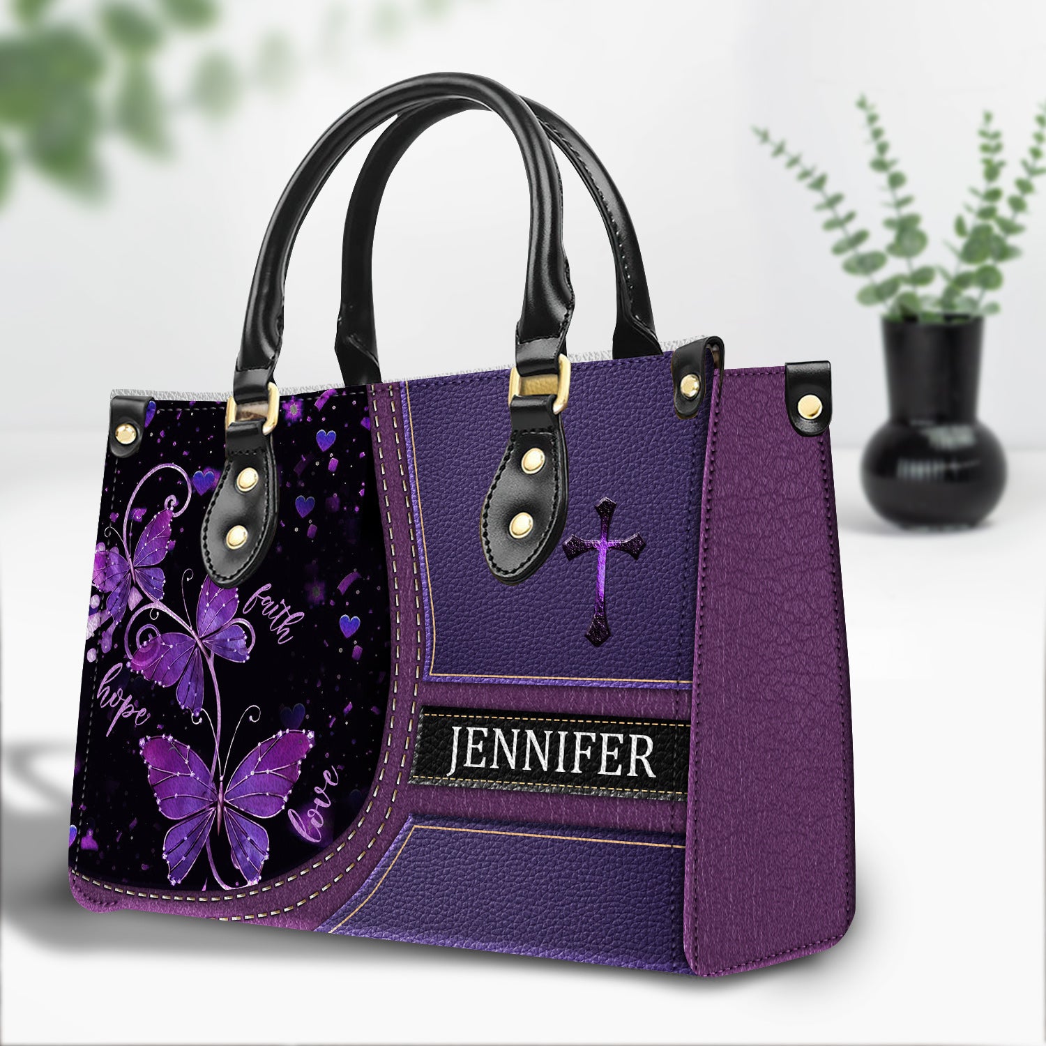 Faith Hope Love Purple Bag Personalized Leather Handbag Bags, Gifts for Women