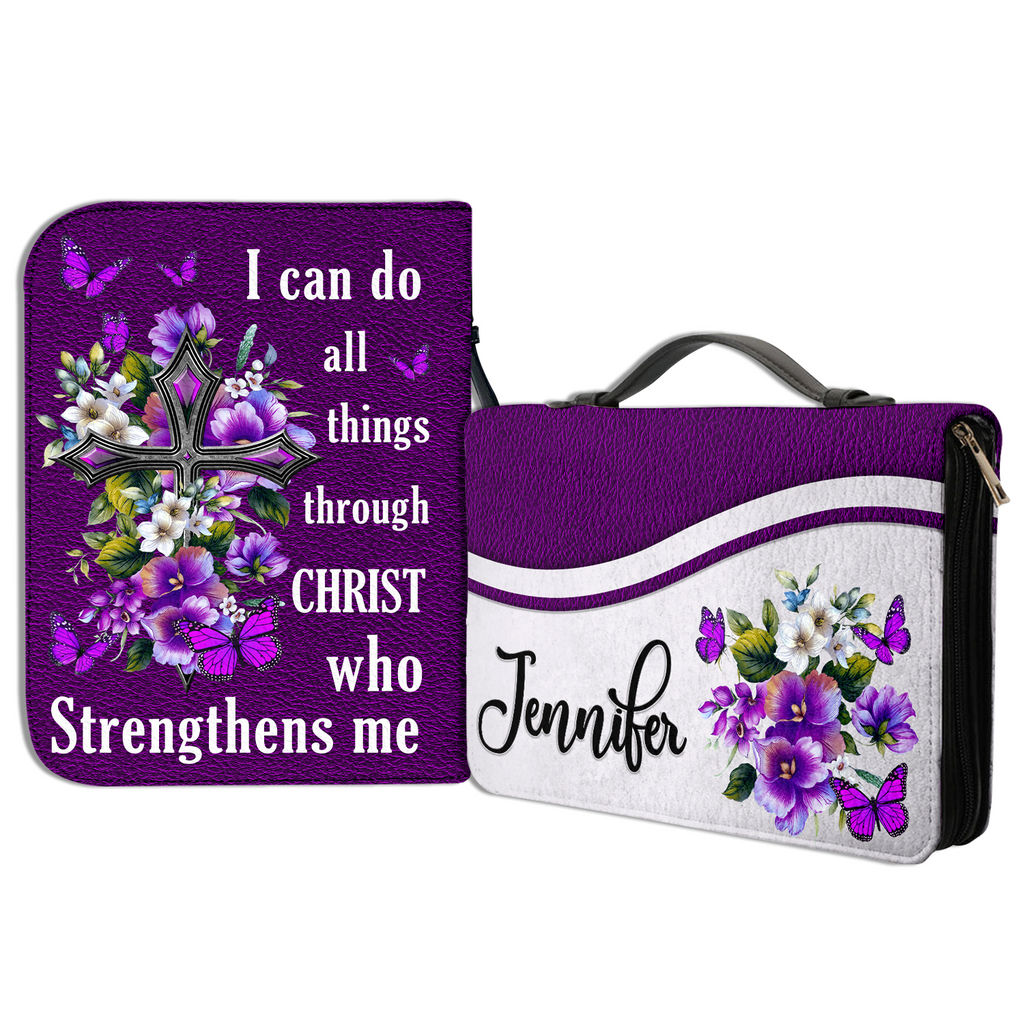 Purple Flower Cross I Can Do All Things Through Christ Christian Personalized Bible Cover