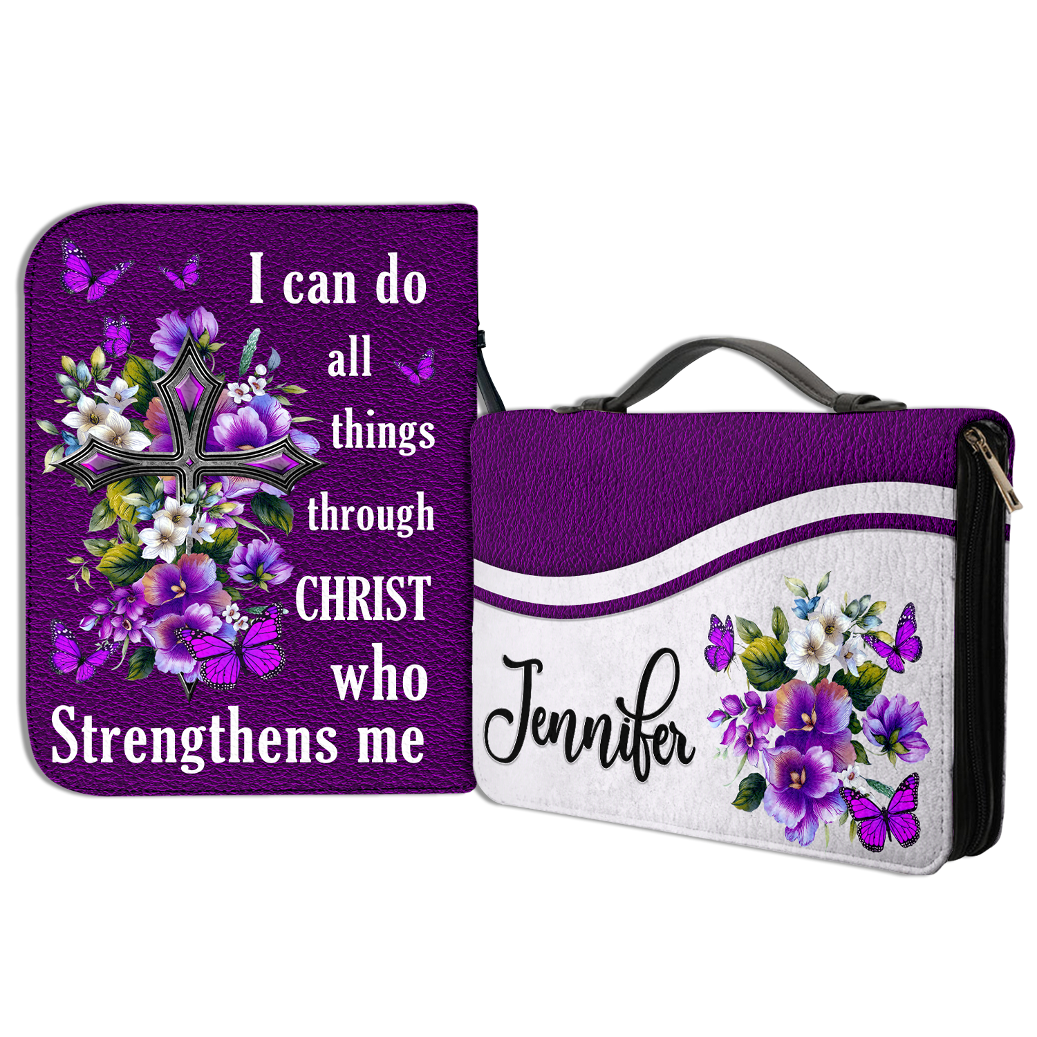 Purple Flower Cross I Can Do All Things Through Christ Christian Personalized Bible Cover