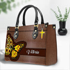 Sunflower Butterfly Personalized Leather Handbag With Handle Religious Gifts For Christian Women