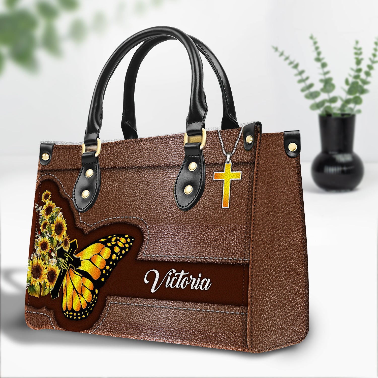 Sunflower Butterfly Personalized Leather Handbag With Handle Religious Gifts For Christian Women