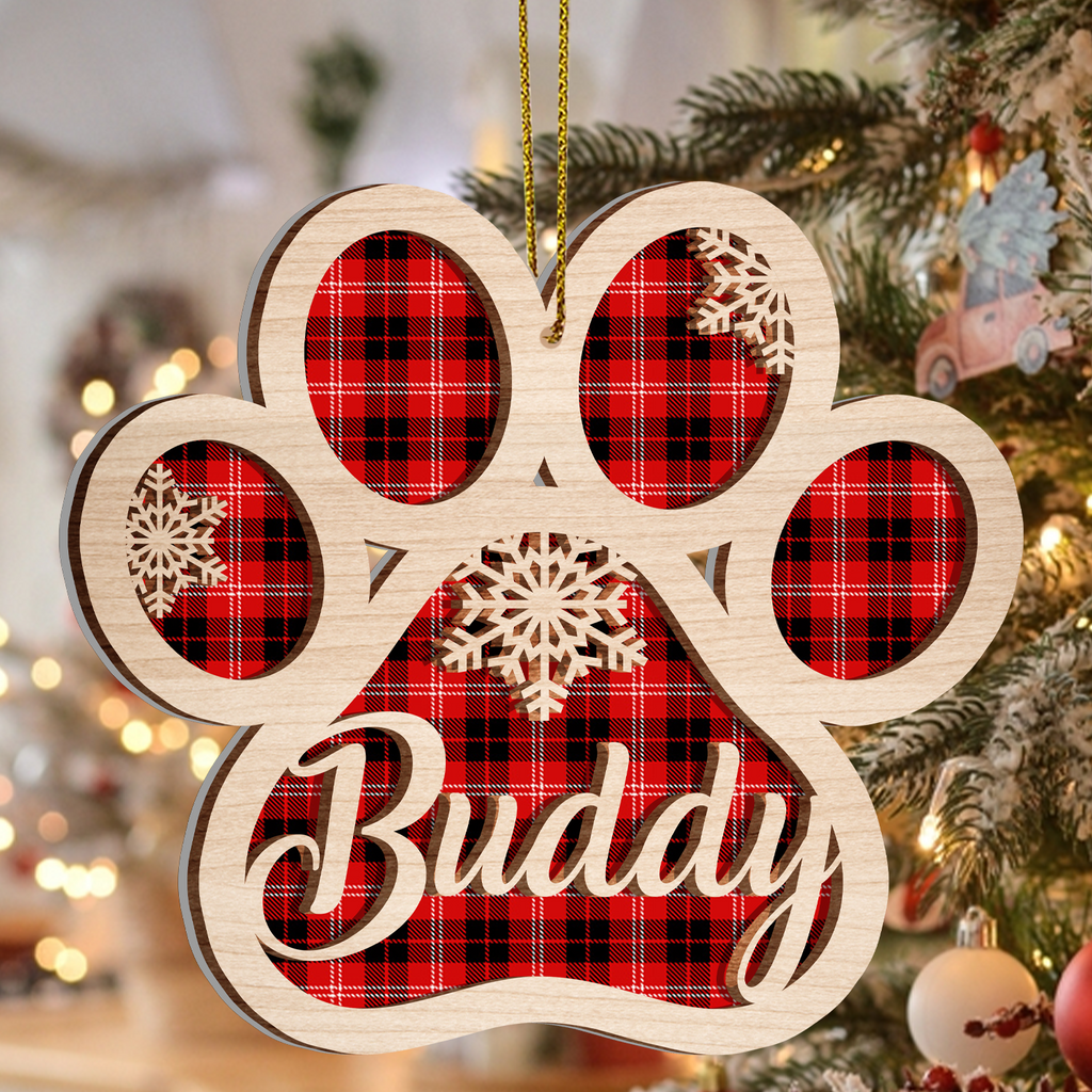 Dog Paw Christmas Red Tartan Two Layers Suncatcher Ornament Christmas Ornament Car Hanging