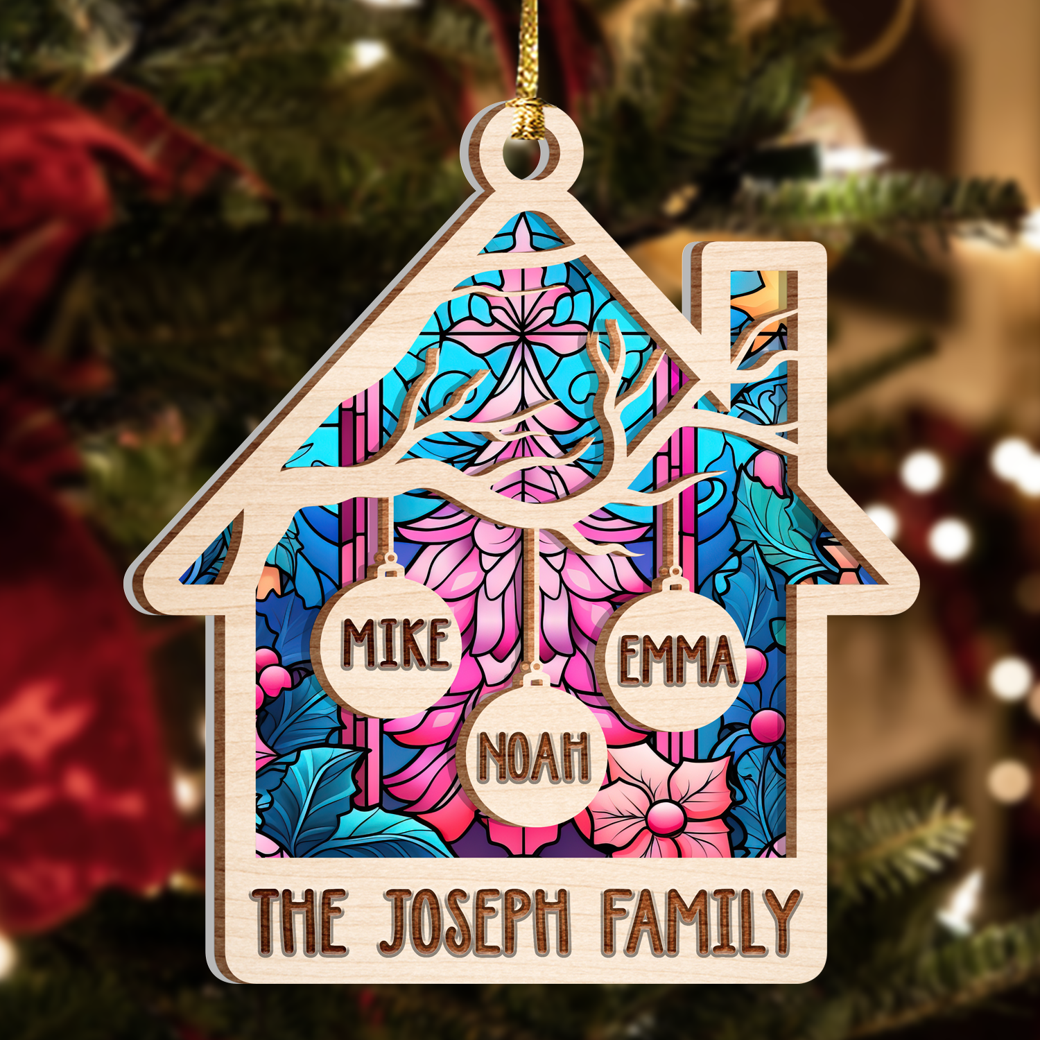 Home Family Christmas Tree Custom 2 Layers Stained Glass Suncatcher Christmas Car Hanging Wooden Ornament