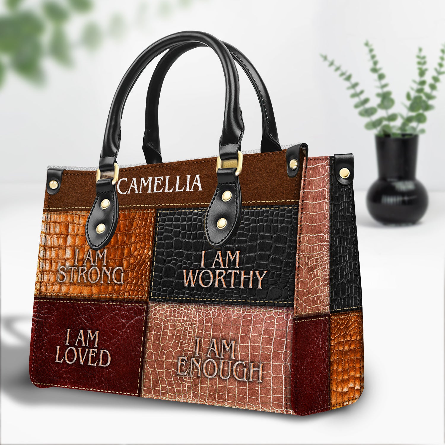 I Am Strong, I Am Worthy Christian Gift Personalized Leather Handbag
