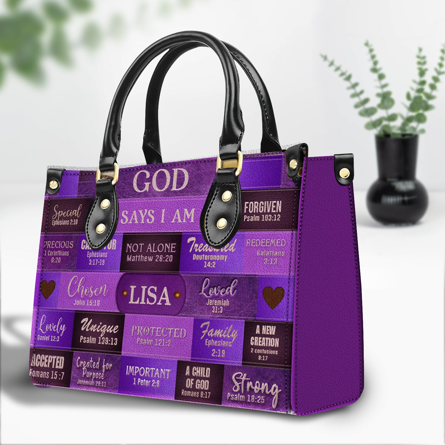 God Says I Am Purple Personalized Leather Handbag Bags, Gifts for Women
