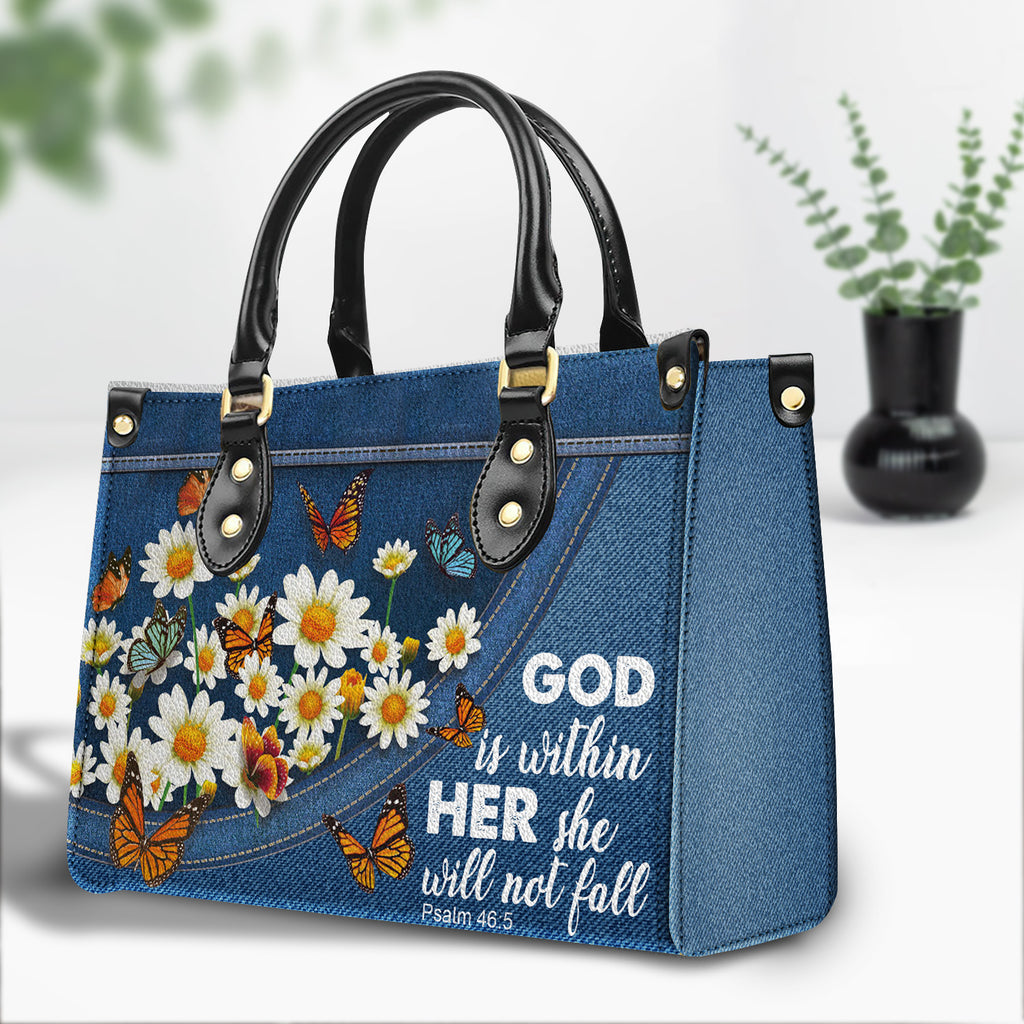 Daisy Garden She Will Not Fall Personalized Zippered Leather Handbag With Handle Christian Gift Religious Gift For Women