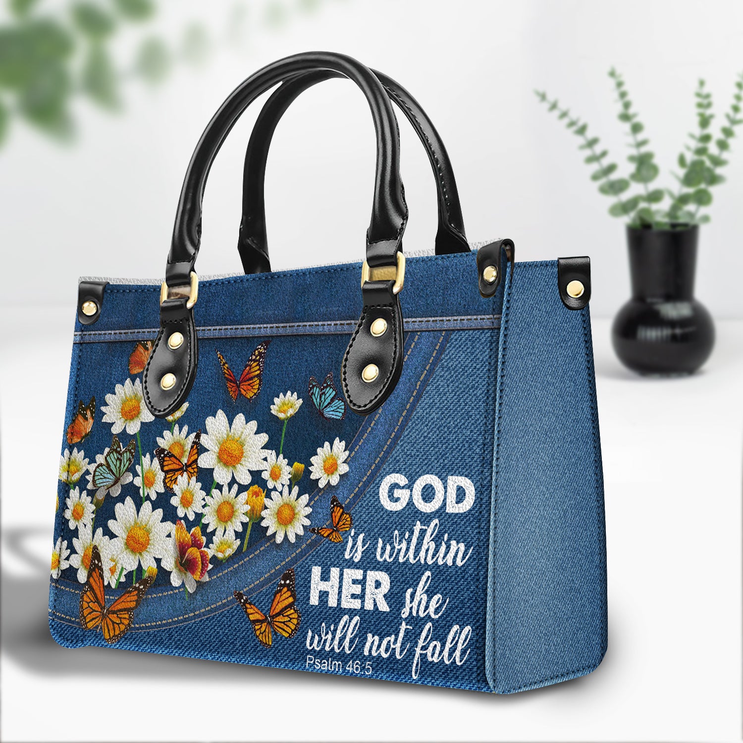 Daisy Garden She Will Not Fall Personalized Zippered Leather Handbag With Handle Christian Gift Religious Gift For Women