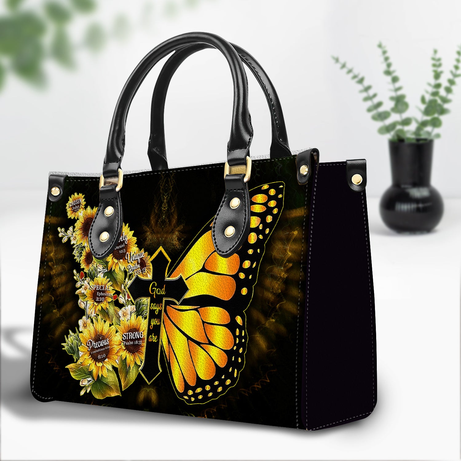 Yellow Butterfly Sunflowers You Are Leather Handbag With Handle Christian Gift Religious Gift For Women
