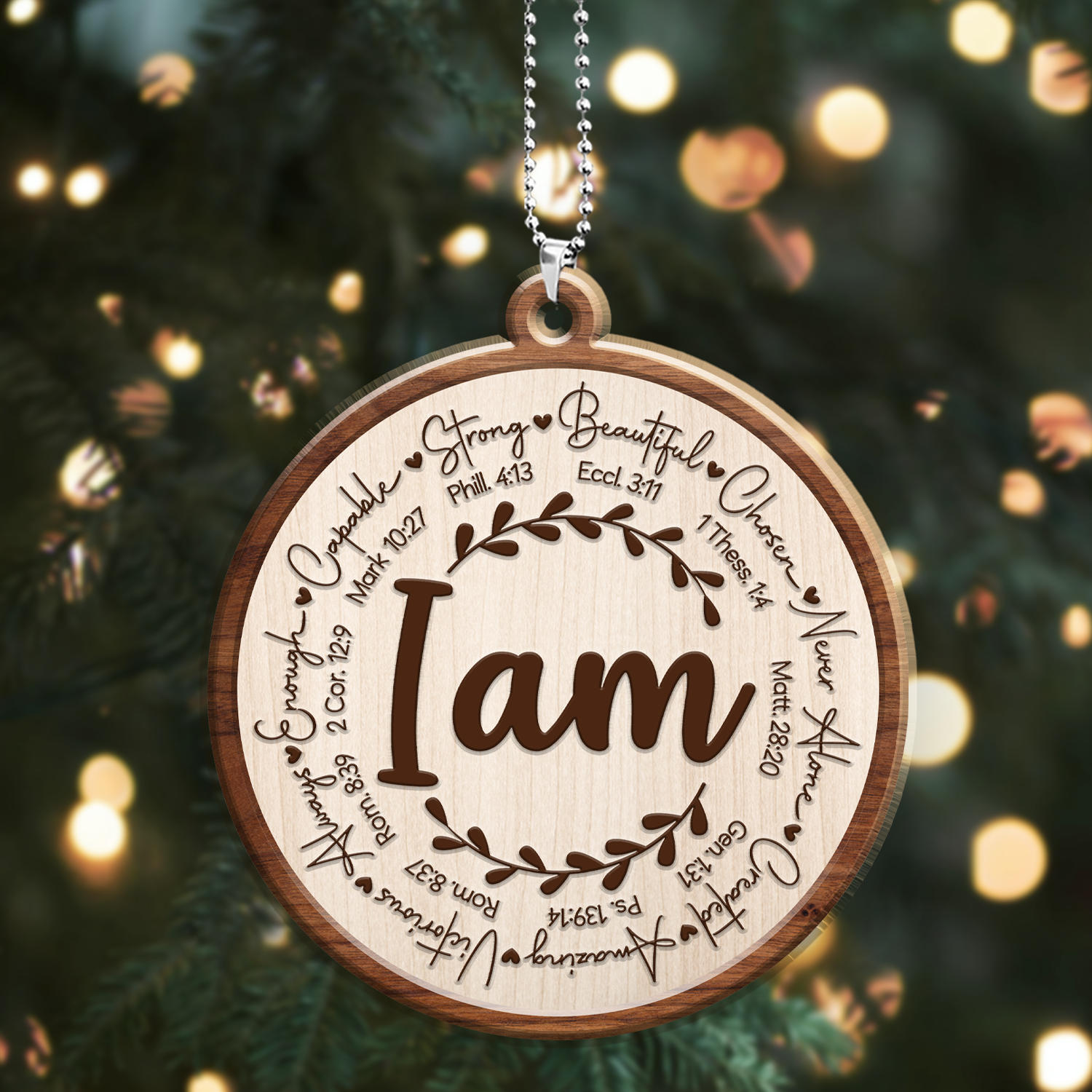 Engraved Wood Ornament I Am Identity In Christ Circle Leaf Vintage Ornament