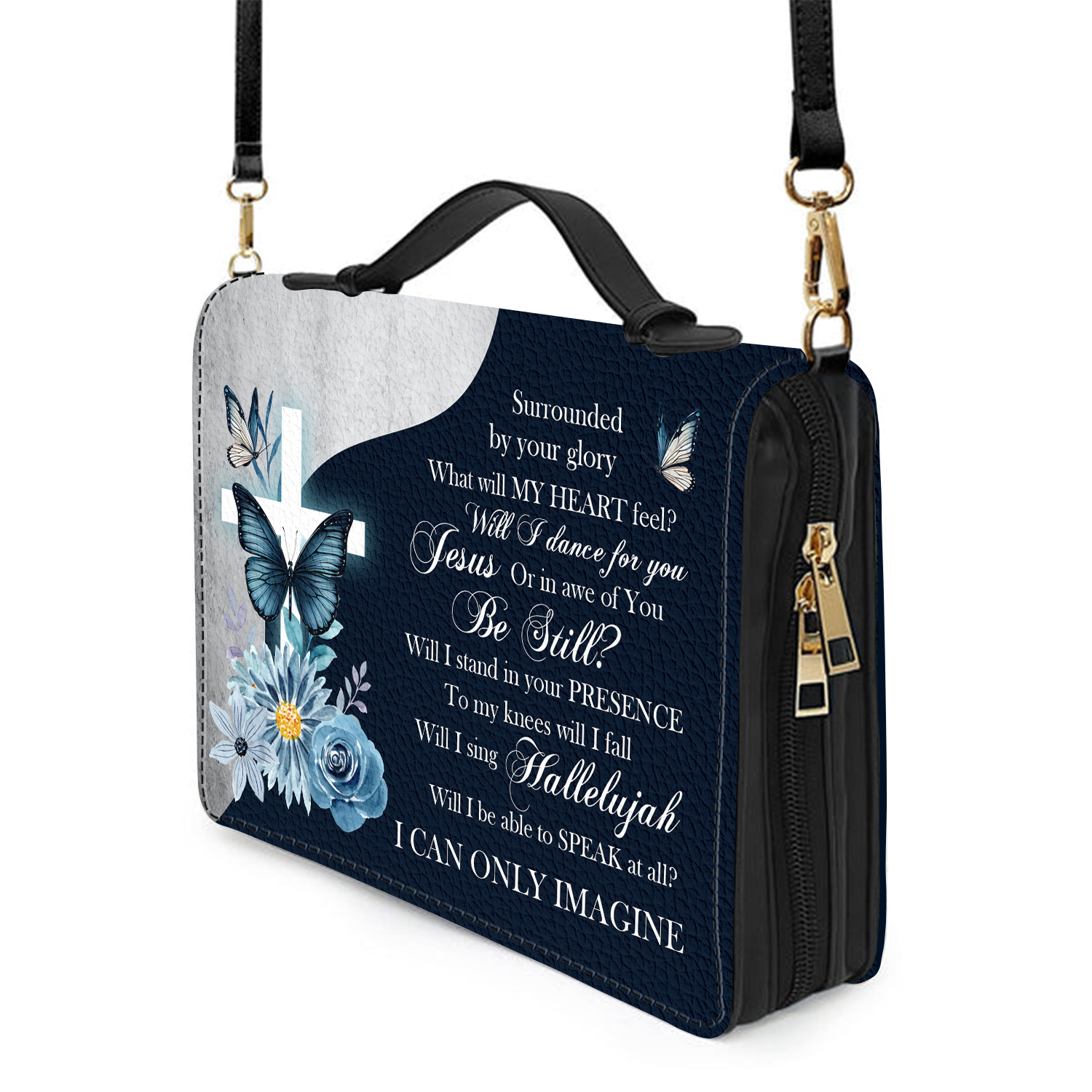 Blue Flower Cross Butterfly Surrounded By Your Glory Christian Personalized Bible Cover