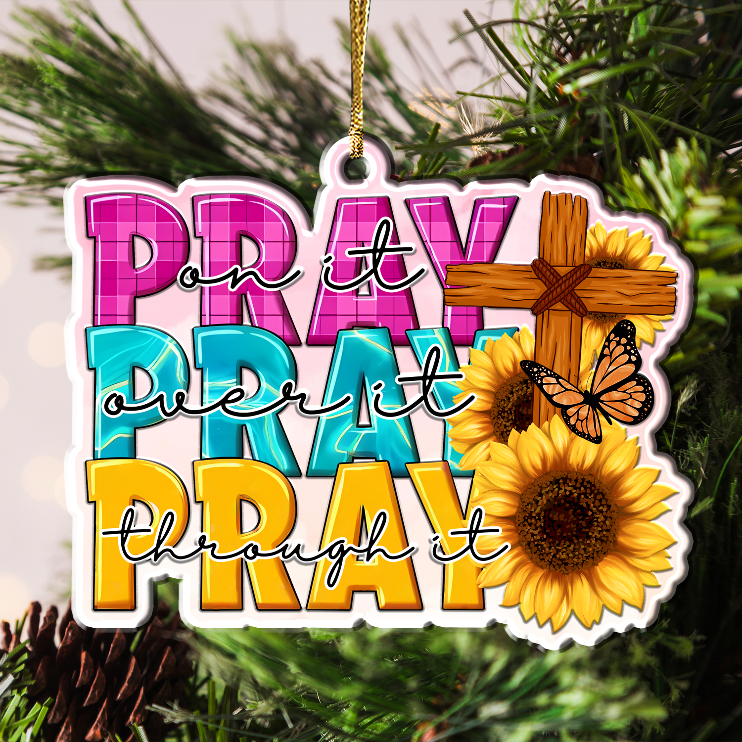 Sunflower Cross Pray On It Christian Gifts For Women, Birthday Gifts For Women, Ornament Gift, Christmas Ornament Car Hanging