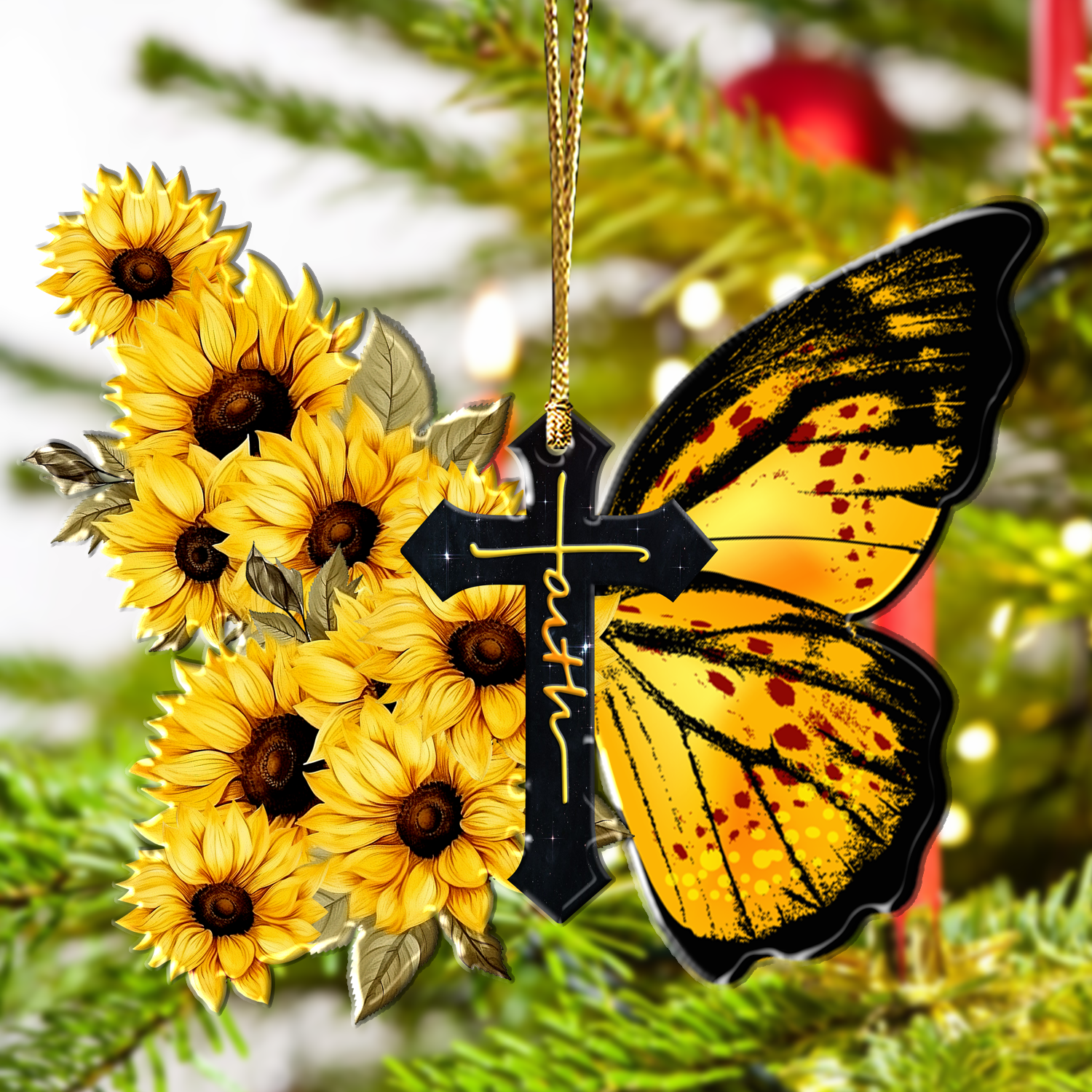 Butterfly Sunflower Cross Christian Gifts For Women, Birthday Gifts For Women, Ornament Gift, Christmas Ornament Car Hanging