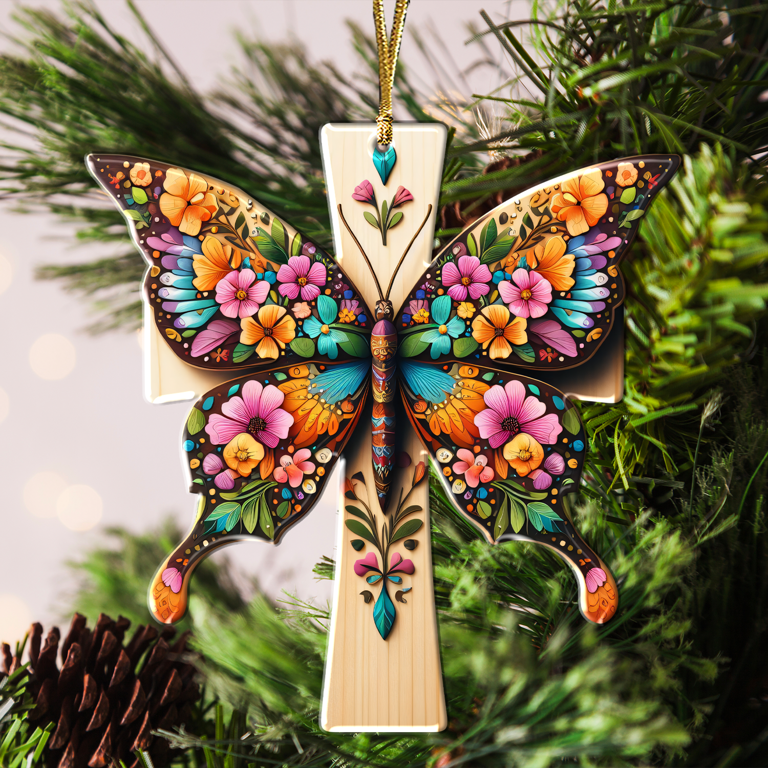 Colorful Flower Butterfly Cross Christian Gifts For Women, Birthday Gifts For Women, Ornament Gift, Christmas Ornament Car Hanging