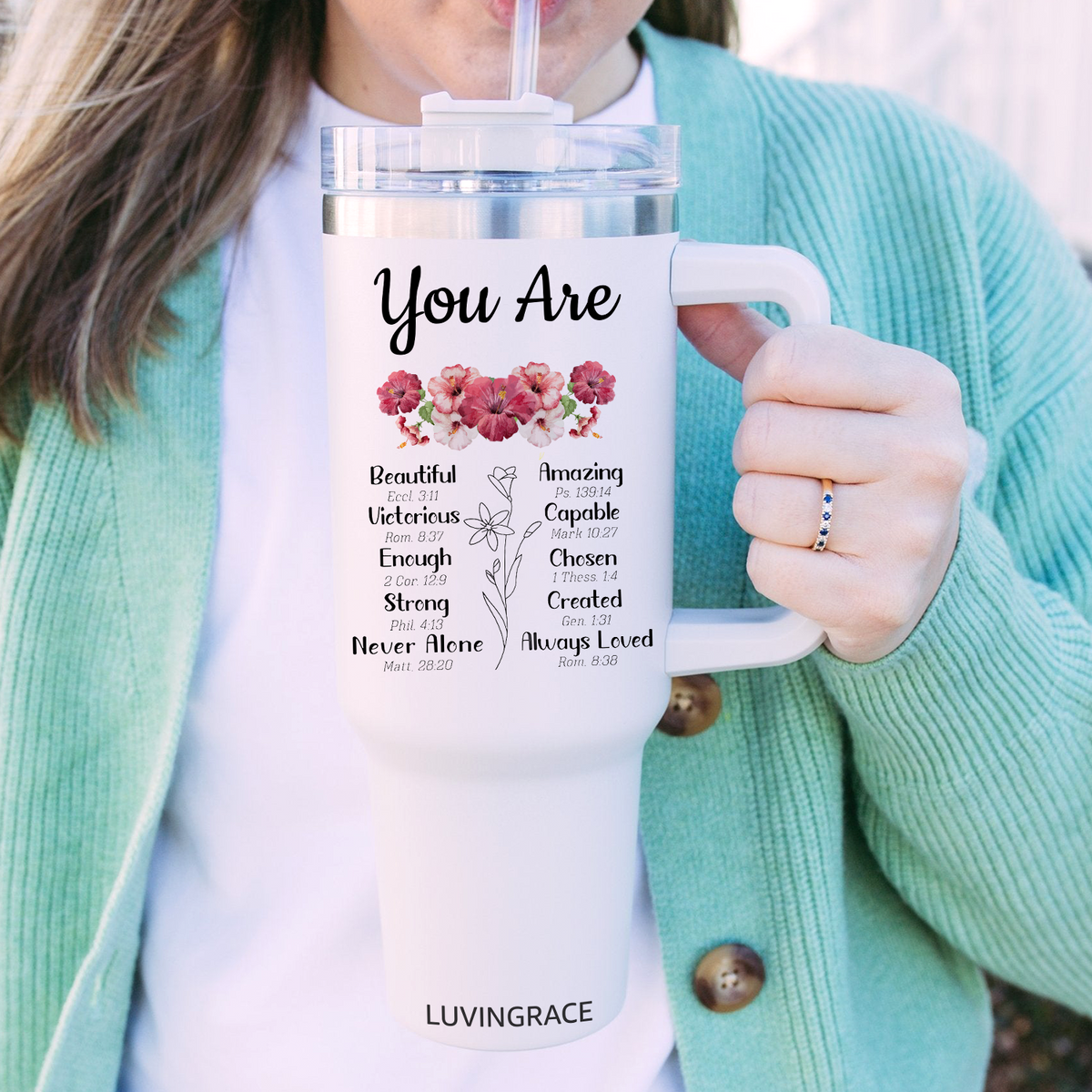 Floral Hibiscus Bible Verse Custom Inspirational Gifts for Women Friends 40Oz Tumbler