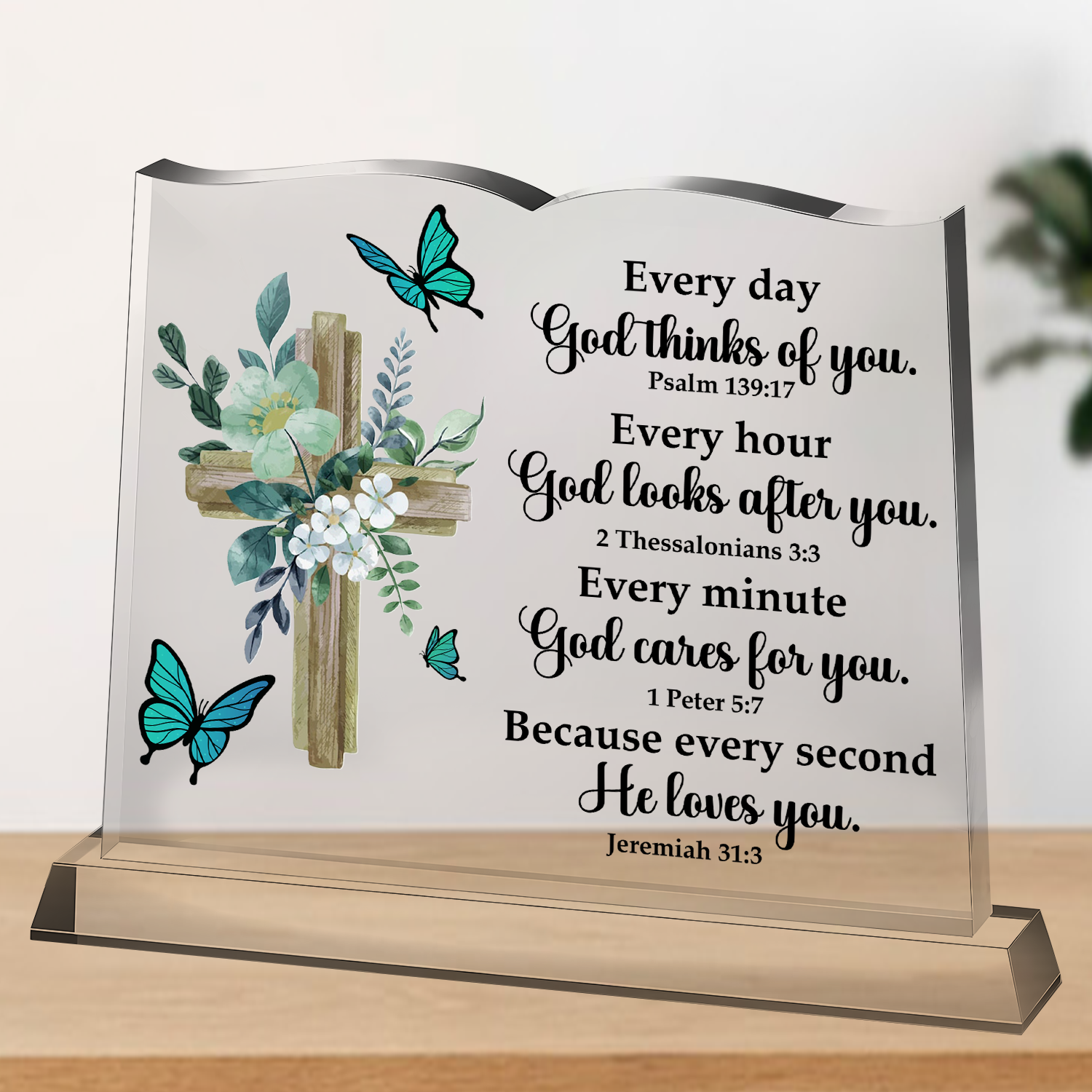 Blue Flowers Cross Christian Bible Verses Decor Christmas Christian Gift for Woman Prayers Religious Gift Acrylic Plaque