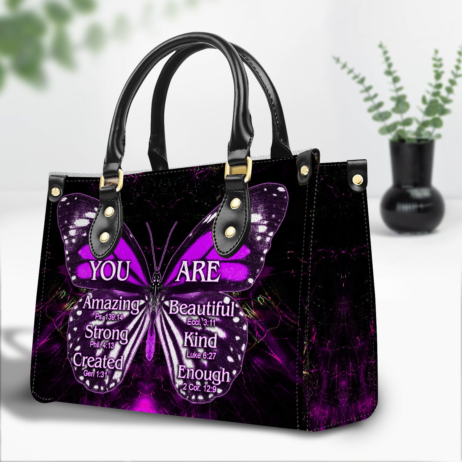 Purple Butterfly You Are Leather Handbag With Handle Christian Gift Religious Gift For Women