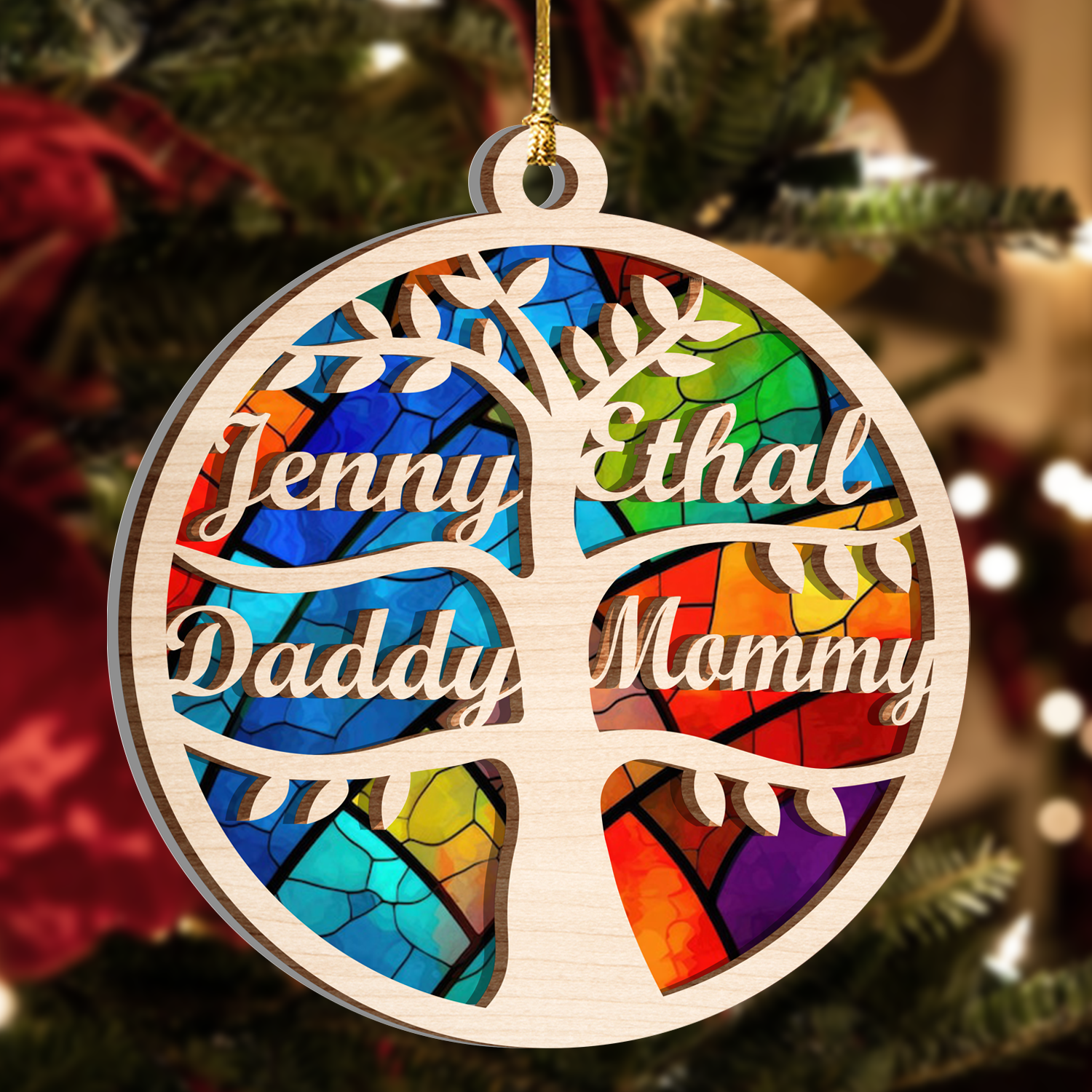 Family Tree Custom 2 Layers Stained Glass Suncatcher Christmas Car Hanging Wooden Ornament