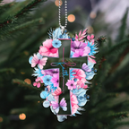 Pink Blue Floral Cross Faith Transparent Ornament