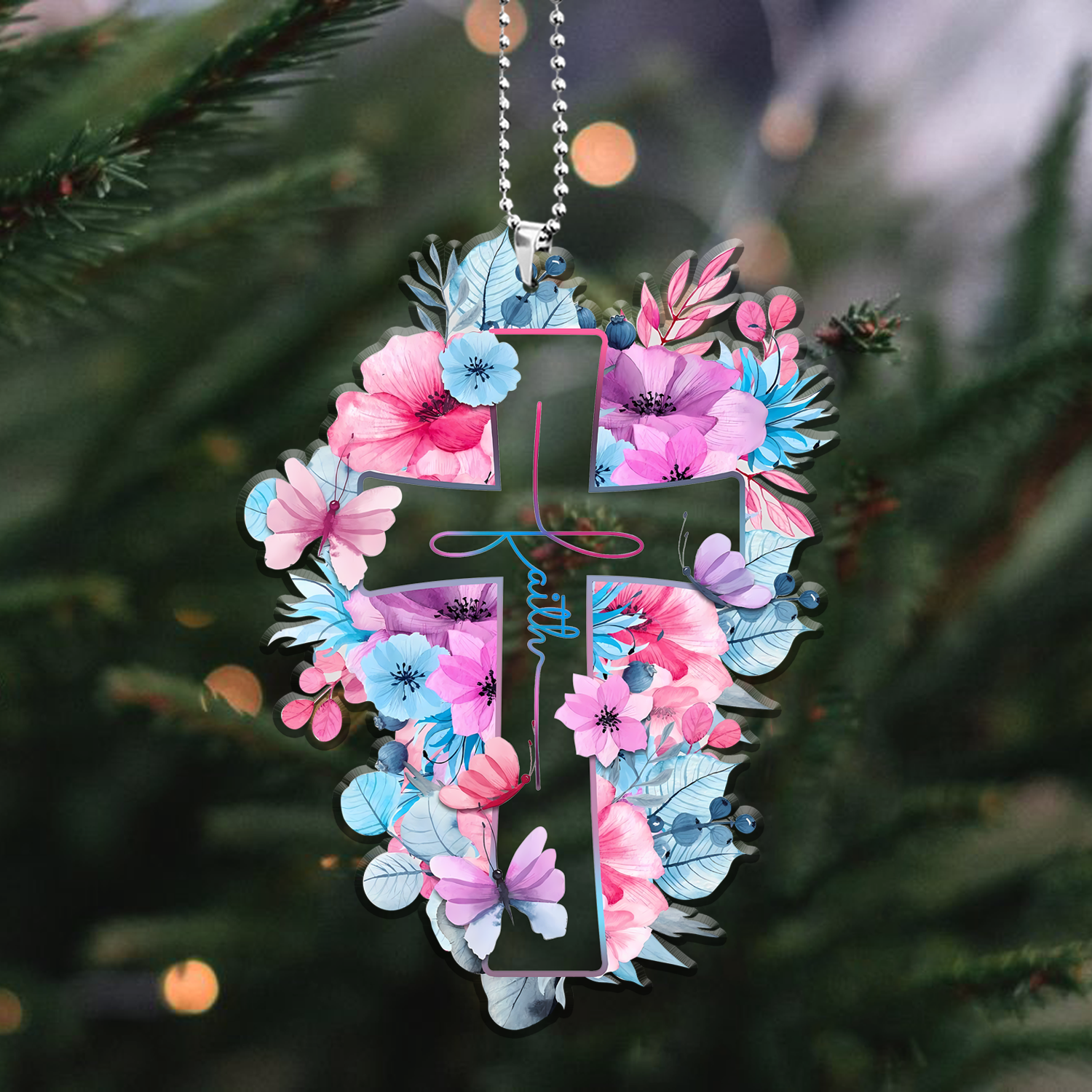 Pink Blue Floral Cross Faith Transparent Ornament