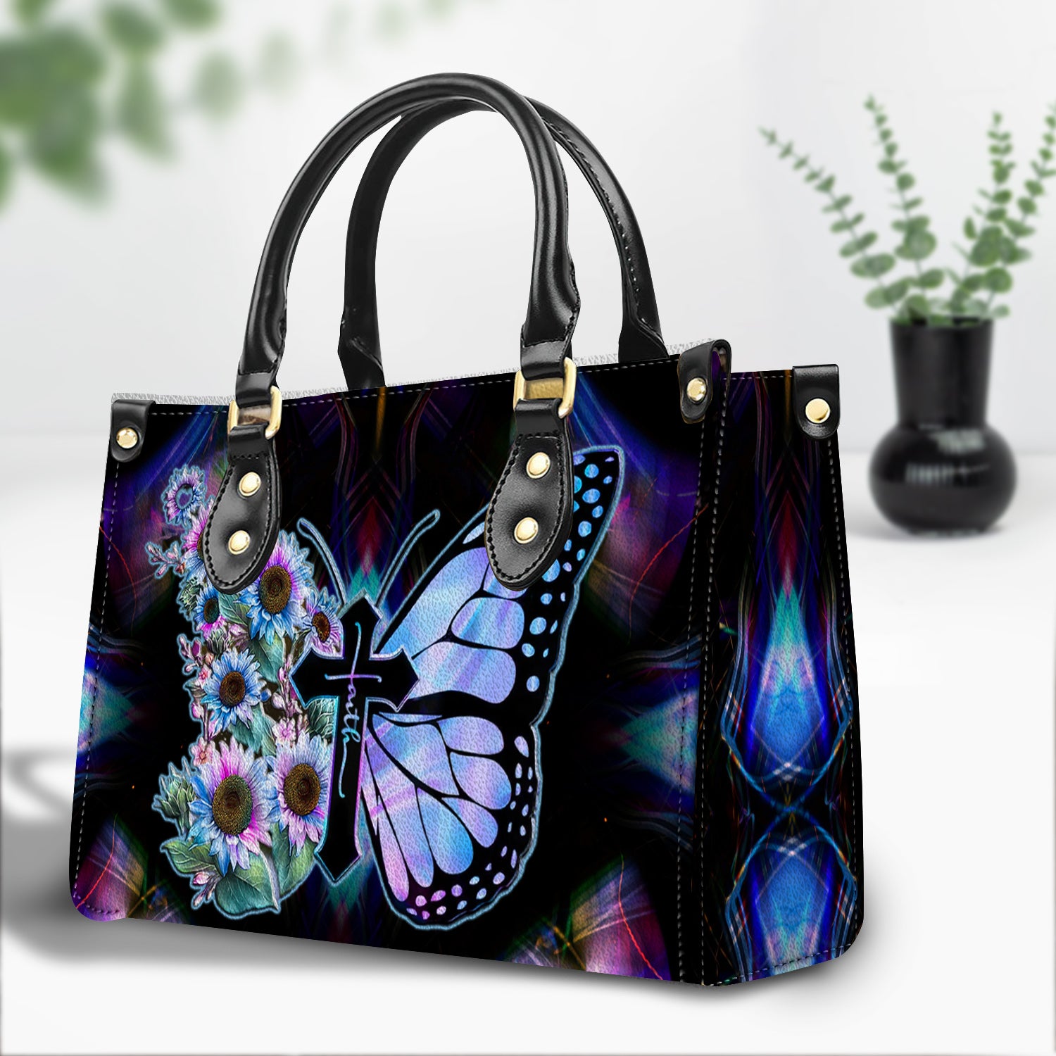 Faith Cross Butterfly Leather Handbag With Handle Christian Gift Religious Gift For Women