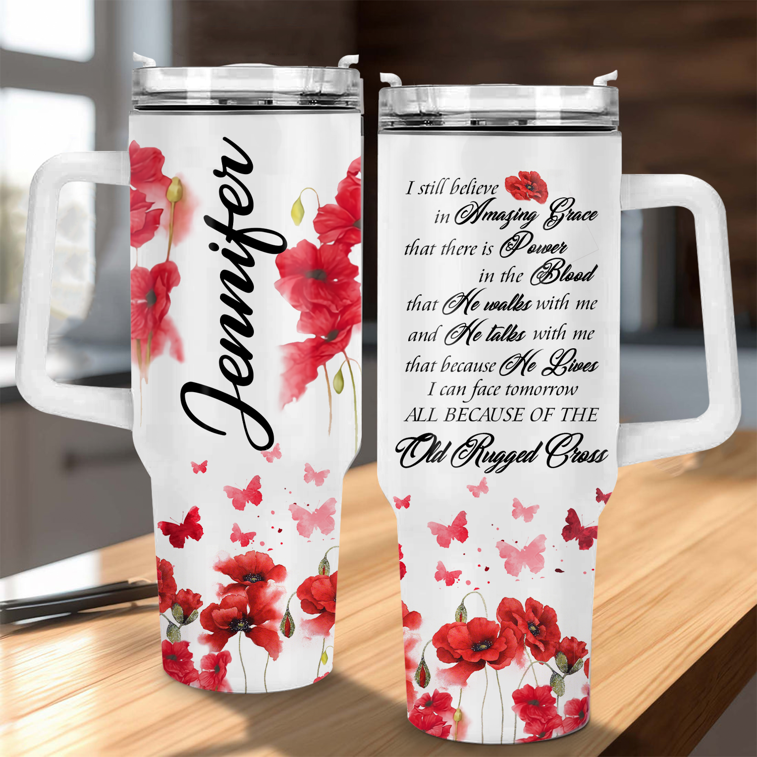 Poppy flower Old rugged cross - 40 Oz Tumbler With Handle - Personalized Stainless Steel Tumbler