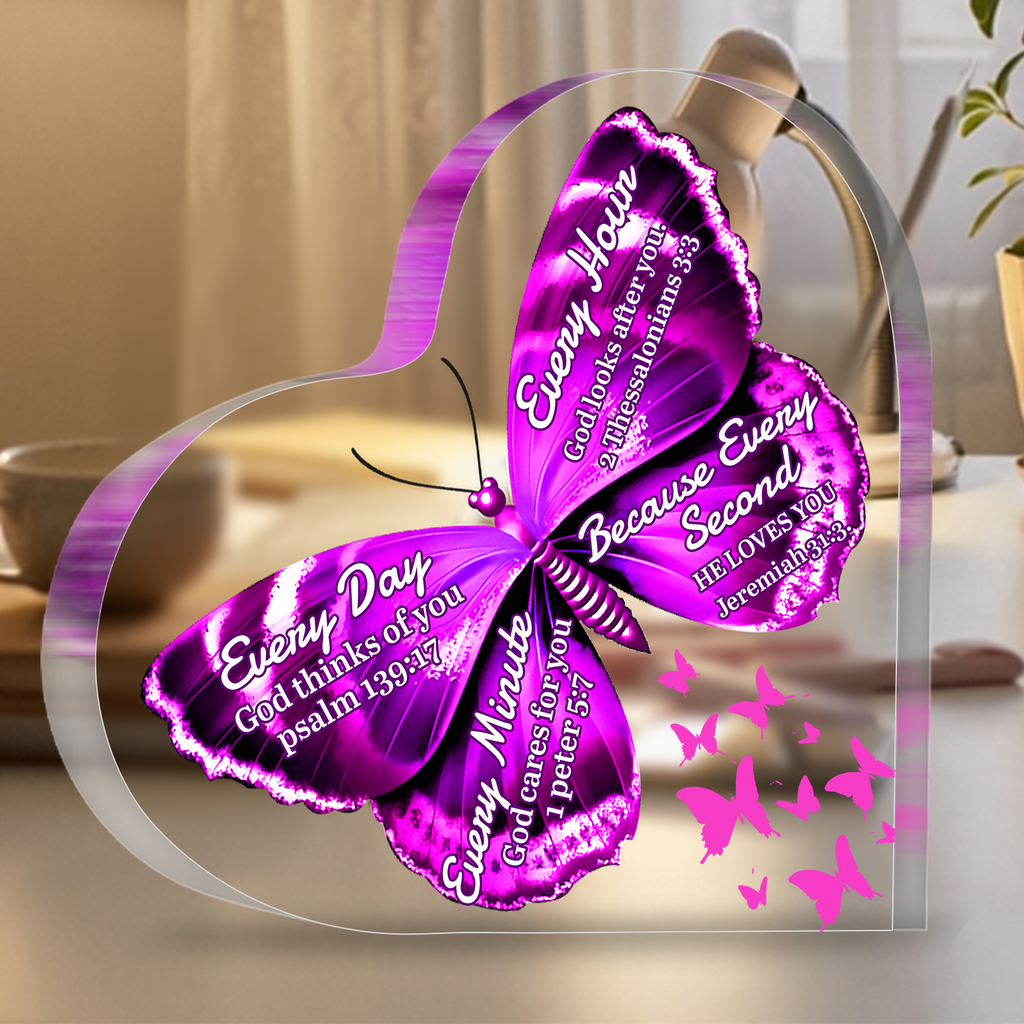 Every Second He Loves You Butterfly Heart Shaped Acrylic Plaque Christian Gifts Religious Gifts Inspirational Gifts with Bible Verse Prayers