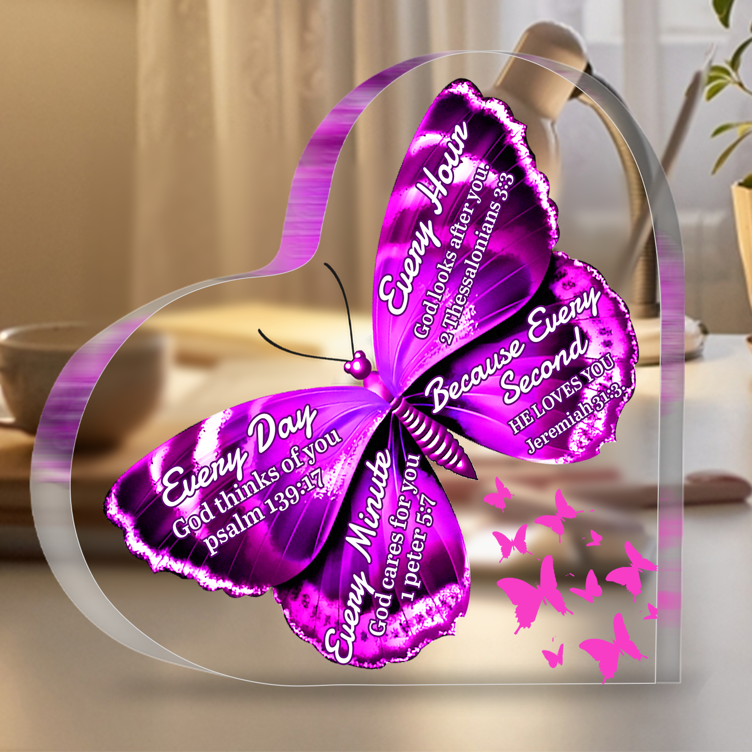Every Second He Loves You Butterfly Heart Shaped Acrylic Plaque Christian Gifts Religious Gifts Inspirational Gifts with Bible Verse Prayers
