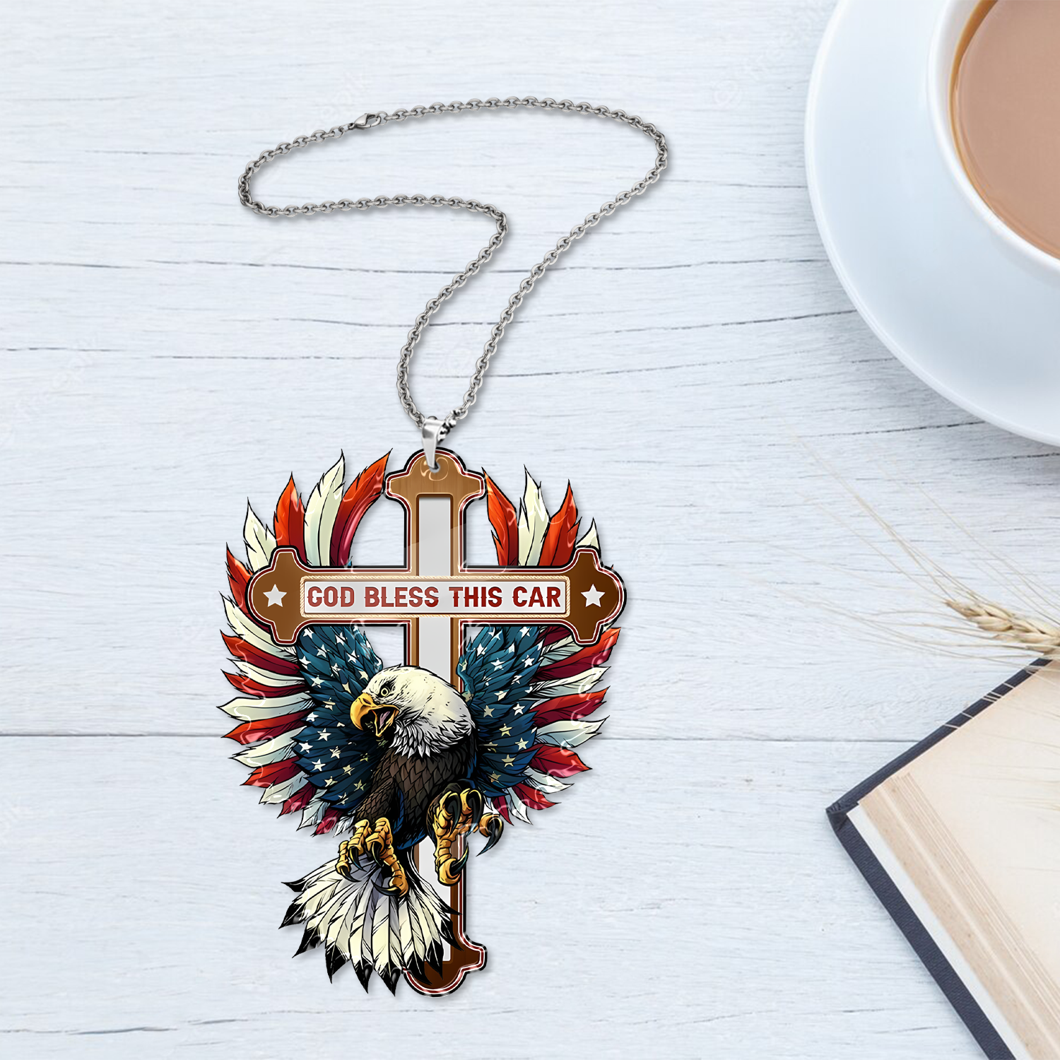 Bless This Car Ornament, Pendant for Rear View Mirror Car, Cross & Eagle Hanging Charm Home Décor Car Accessories