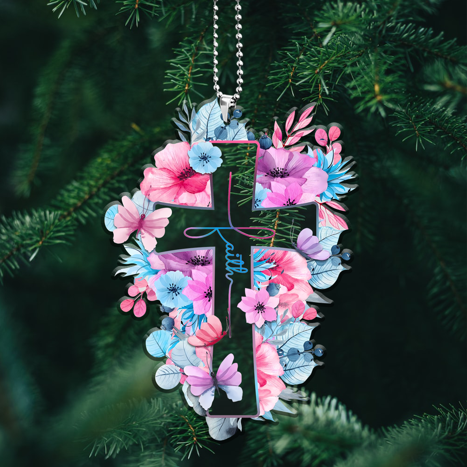 Pink Blue Floral Cross Faith Transparent Ornament