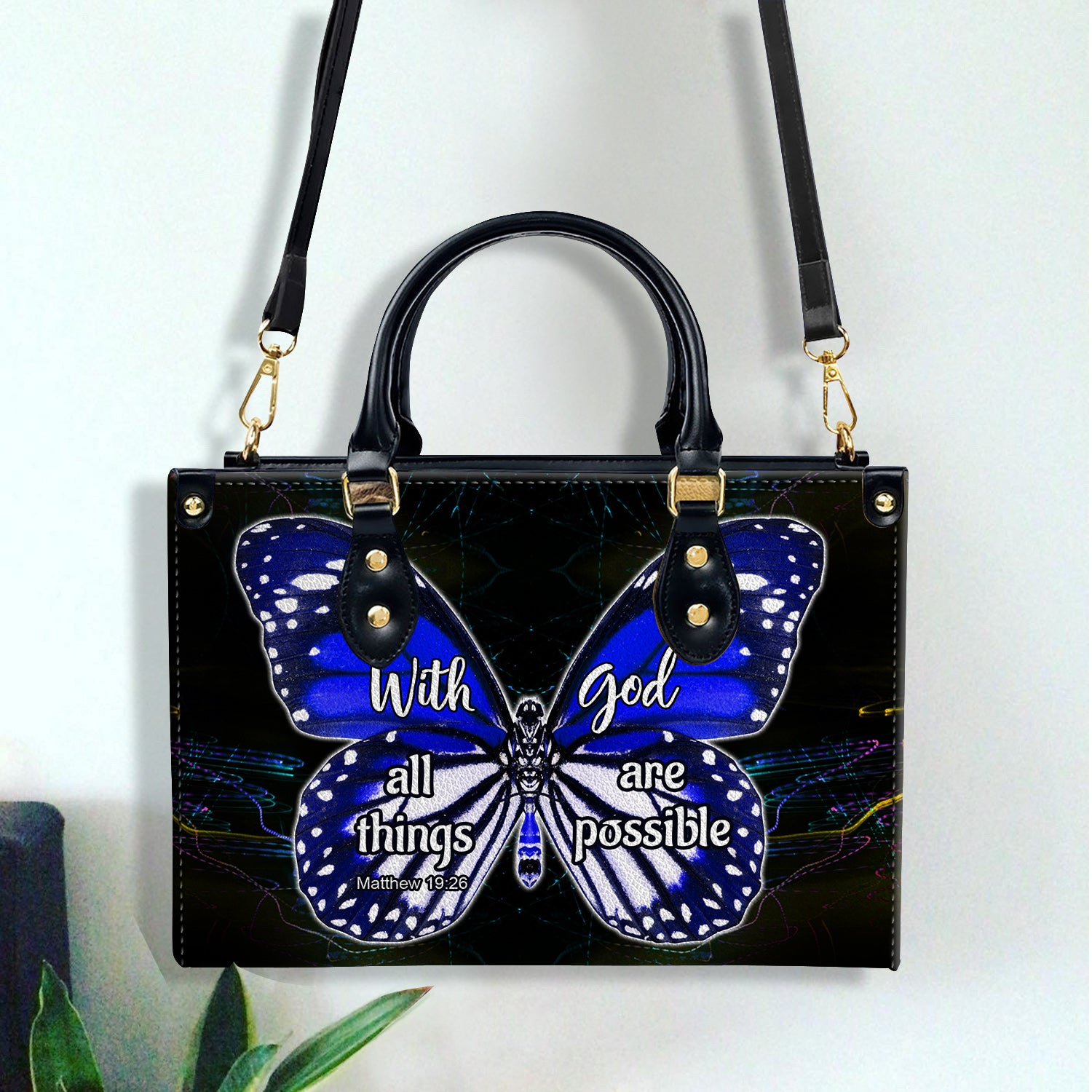 Purple Butterfly All Things Are Possible Zippered Leather Handbag With Handle Christian Gift Religious Gift For Women