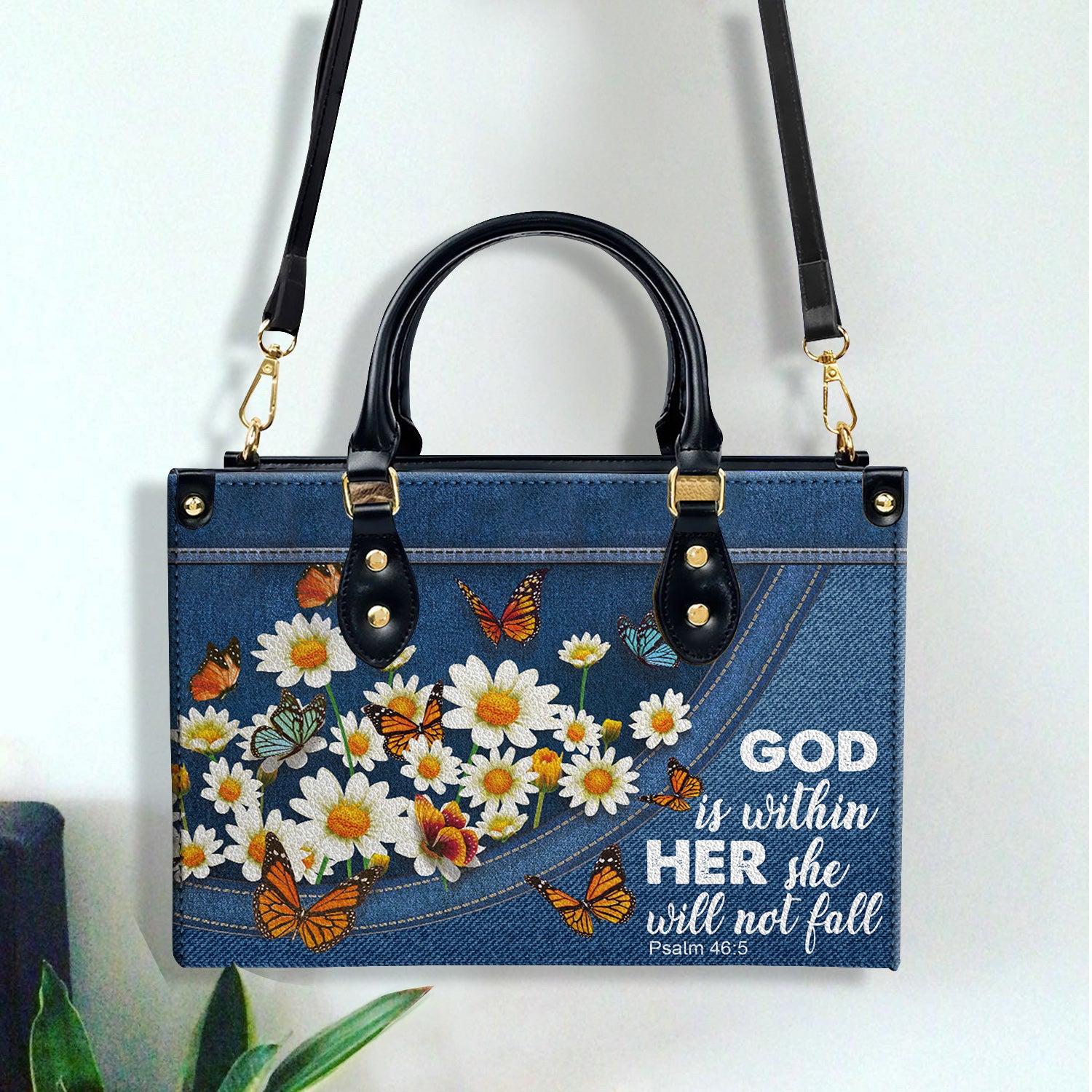 Daisy Garden She Will Not Fall Personalized Zippered Leather Handbag With Handle Christian Gift Religious Gift For Women