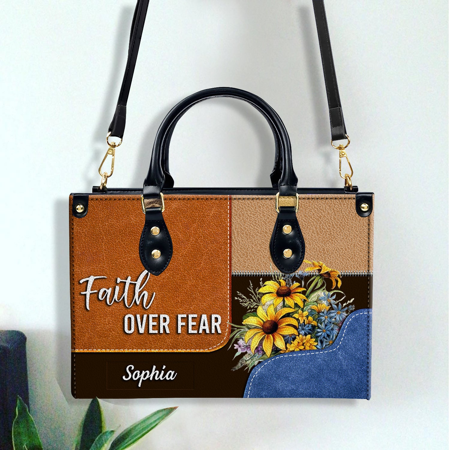 Faith Over Fear Personalized Sunflower Leather Handbag Religious Gift Christian Gifts For Women