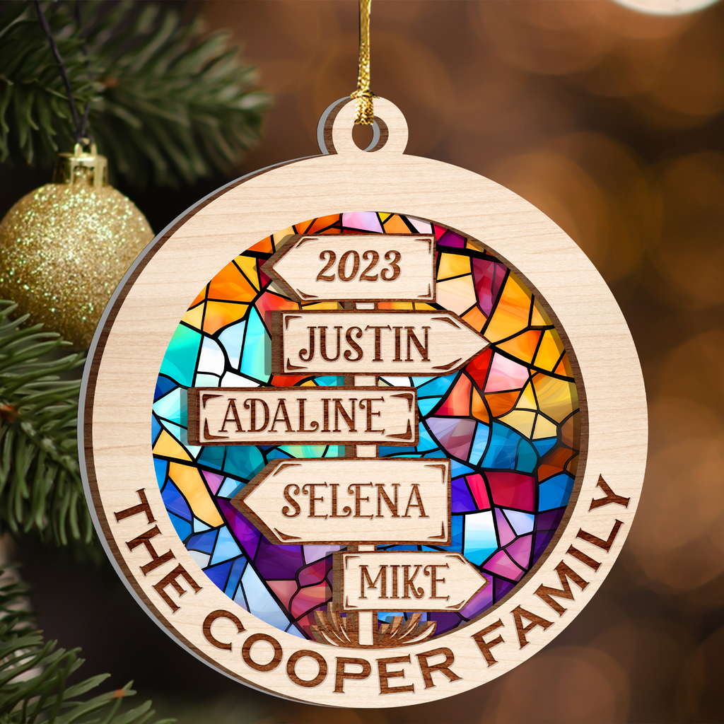 Direction Sign Family Custom Stained Glass Custom Two Layers Suncatcher Ornament Christmas Ornament Car Hanging Ornament