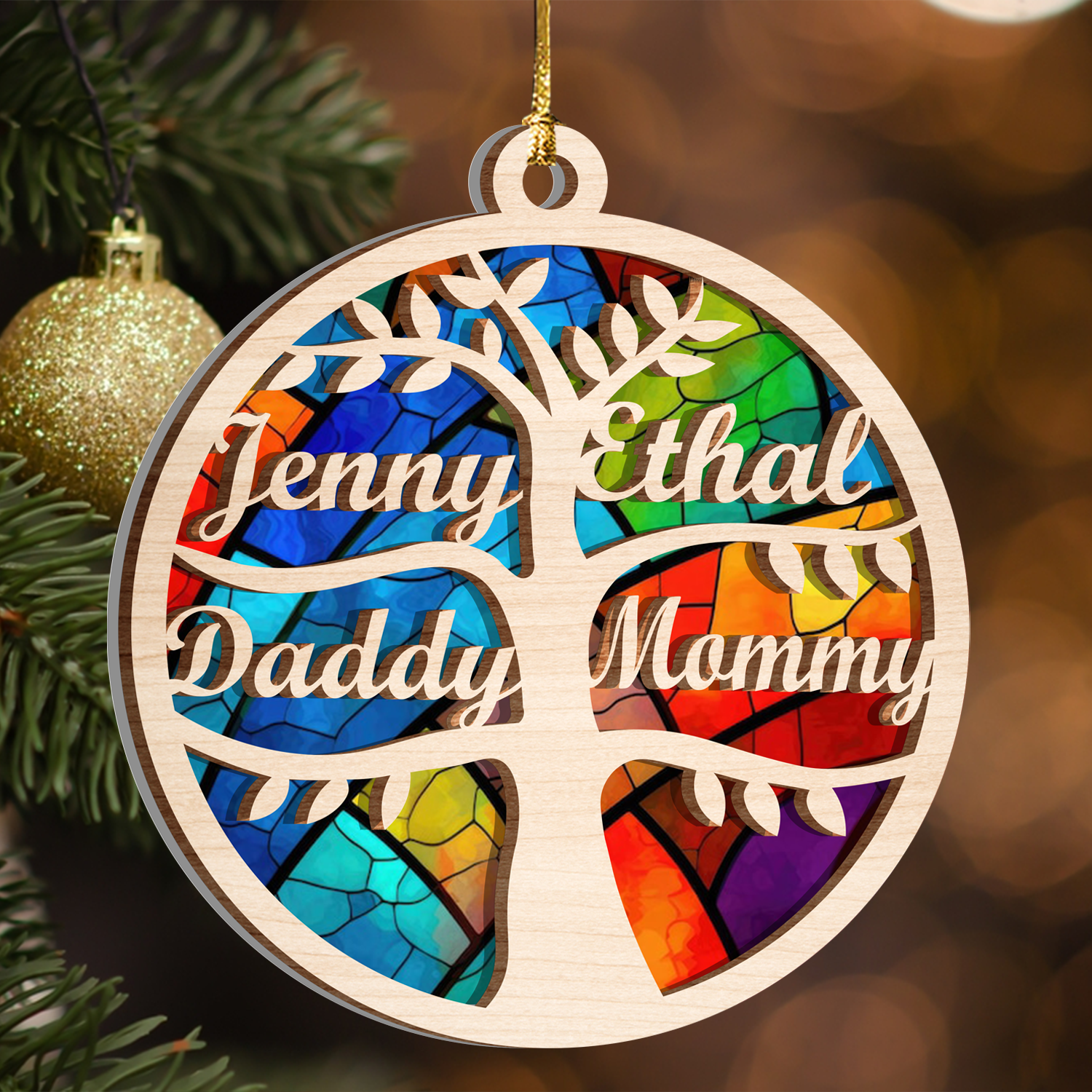 Family Tree Custom 2 Layers Stained Glass Suncatcher Christmas Car Hanging Wooden Ornament