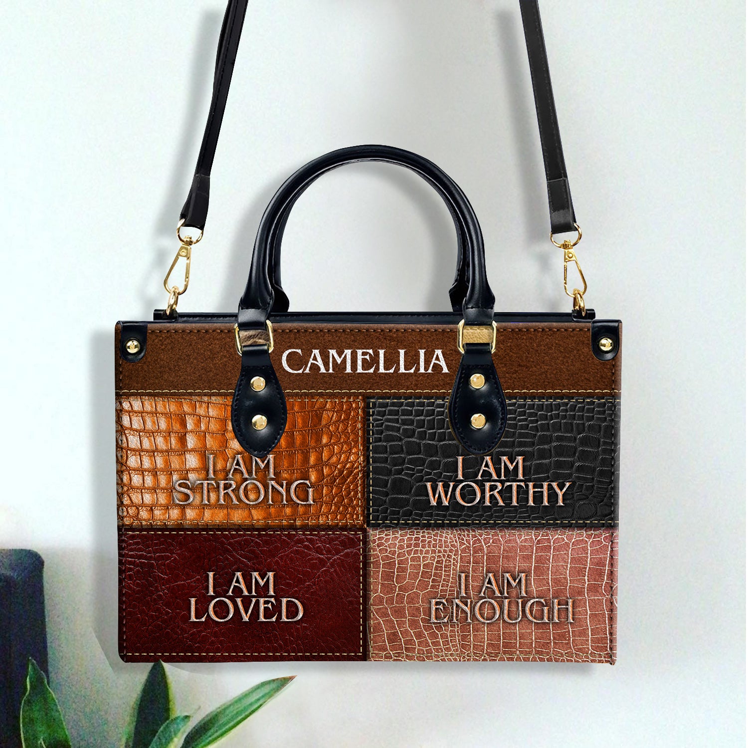 I Am Strong, I Am Worthy Christian Gift Personalized Leather Handbag
