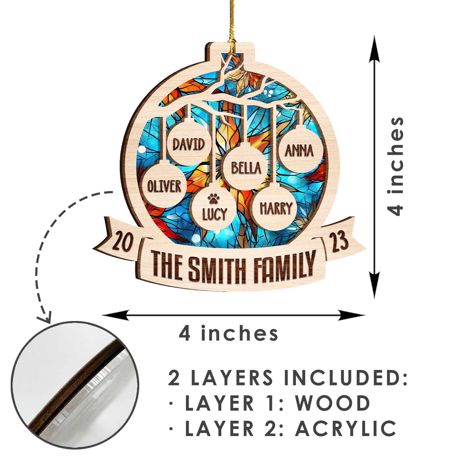 Christmas Family Stained Glass Custom Two Layers Suncatcher Ornament Christmas Ornament Car Hanging Ornament