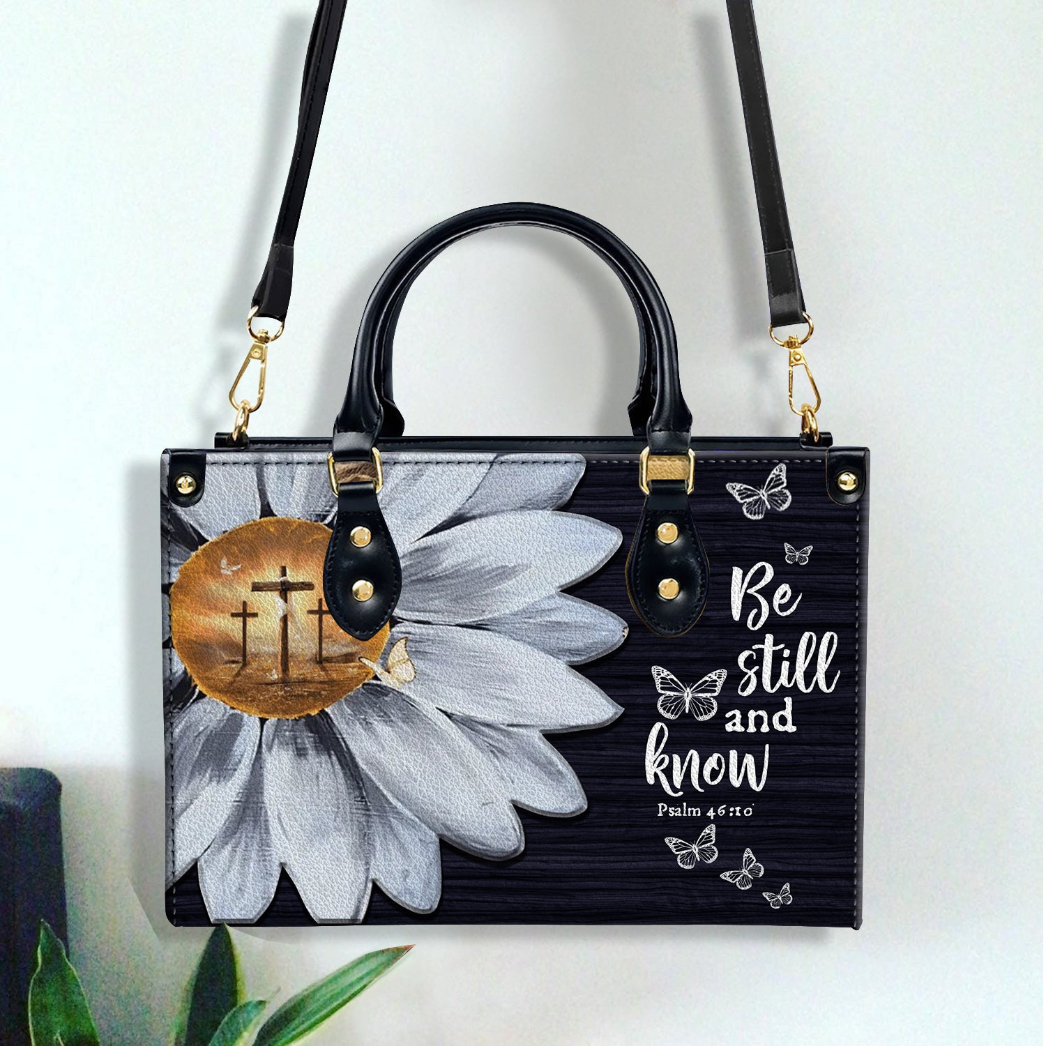 Daisy Flower Be Still and Know Personalized Leather Handbag With Handle Christian Gift Religious Gift For Women