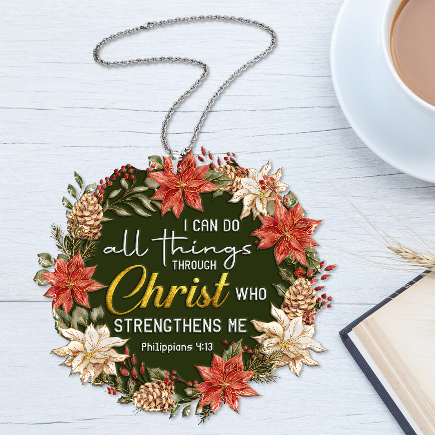 Christmas Floral I Can Do All Things Christian Gifts For Women, Birthday Gifts For Women, Ornament Gift Bible Verse Christmas Ornament Car Hanging