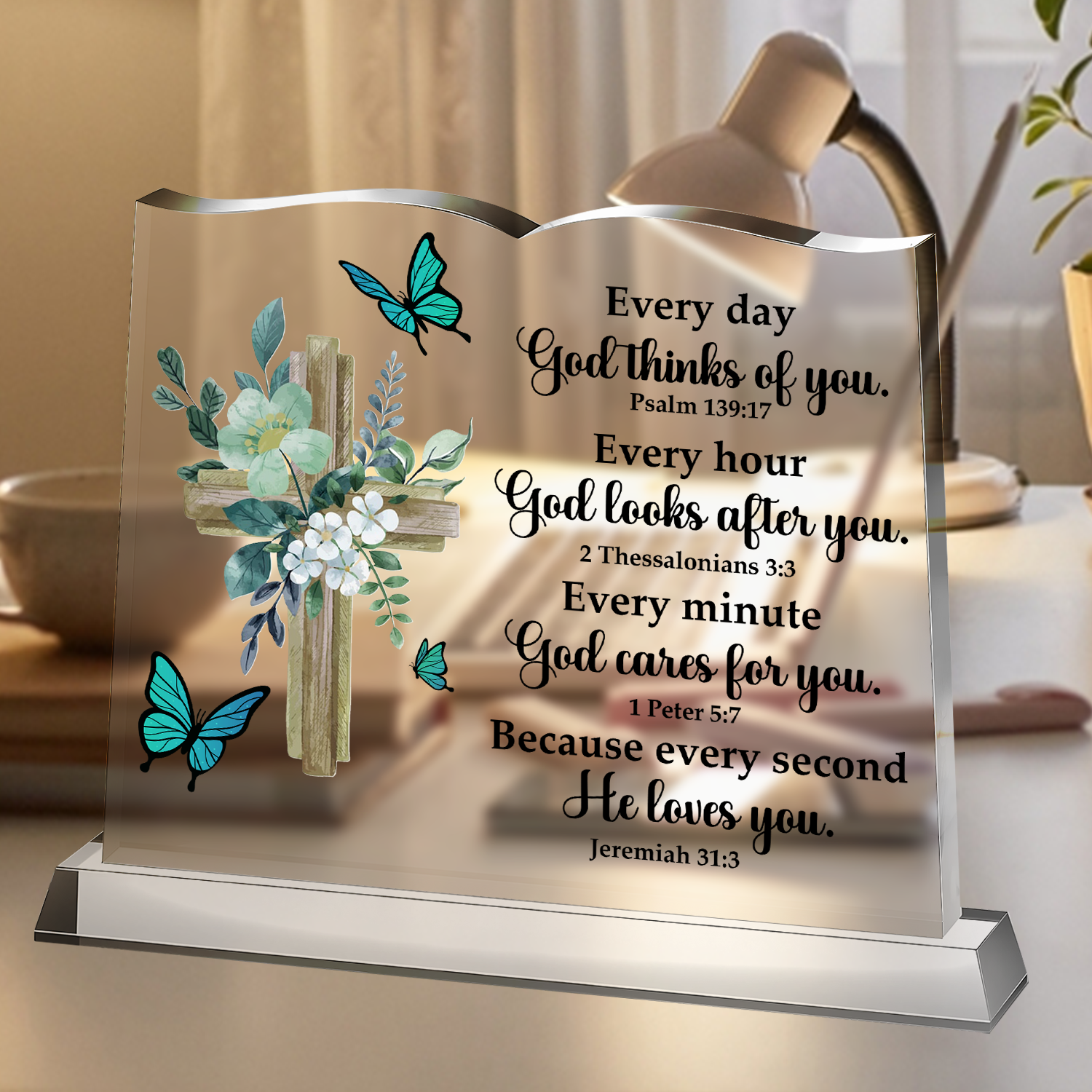 Blue Flowers Cross Christian Bible Verses Decor Christmas Christian Gift for Woman Prayers Religious Gift Acrylic Plaque