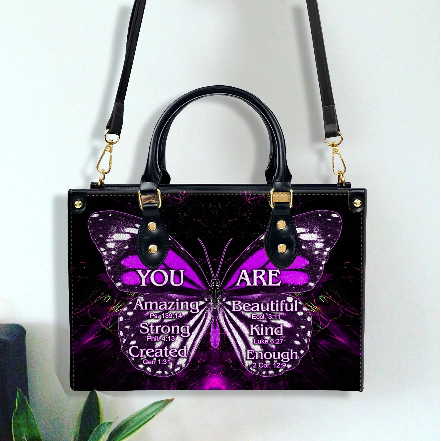 Purple Butterfly You Are Leather Handbag With Handle Christian Gift Religious Gift For Women