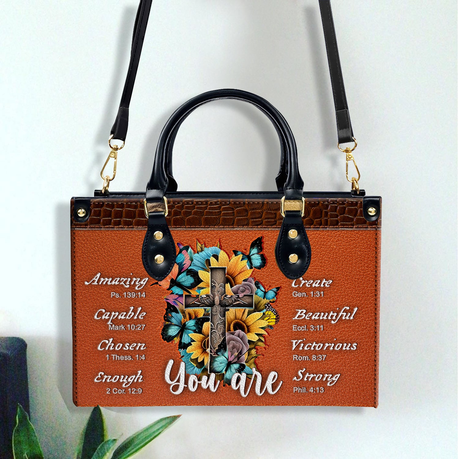Vintage Sunflower Cross Butterfly You Are Leather Handbag