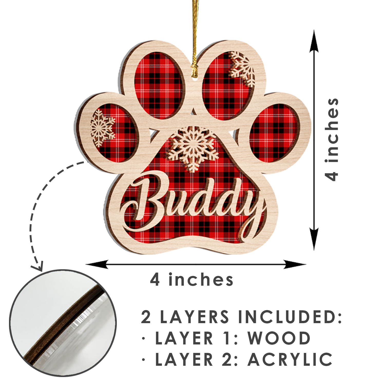 Dog Paw Christmas Red Tartan Two Layers Suncatcher Ornament Christmas Ornament Car Hanging