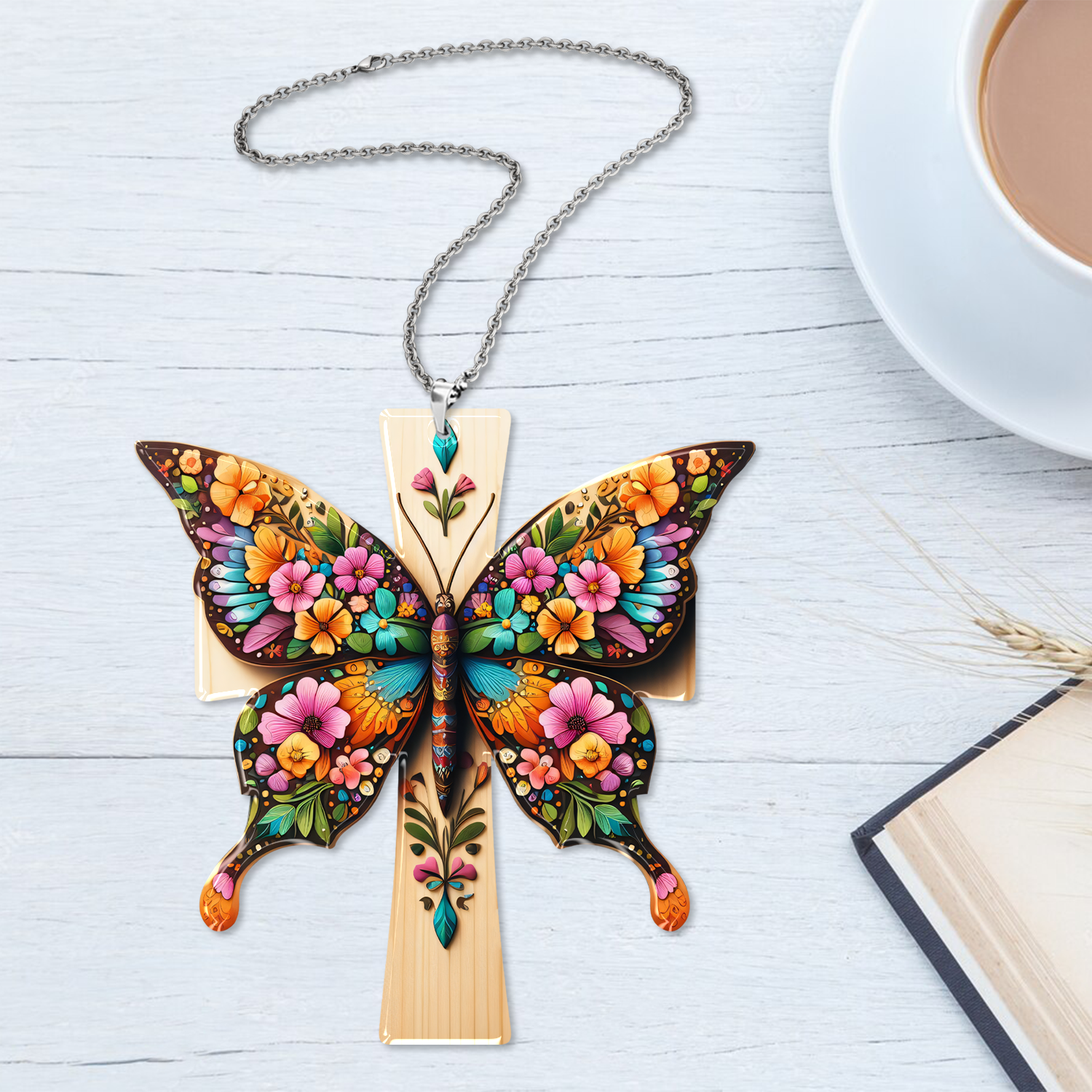 Colorful Flower Butterfly Cross Christian Gifts For Women, Birthday Gifts For Women, Ornament Gift, Christmas Ornament Car Hanging