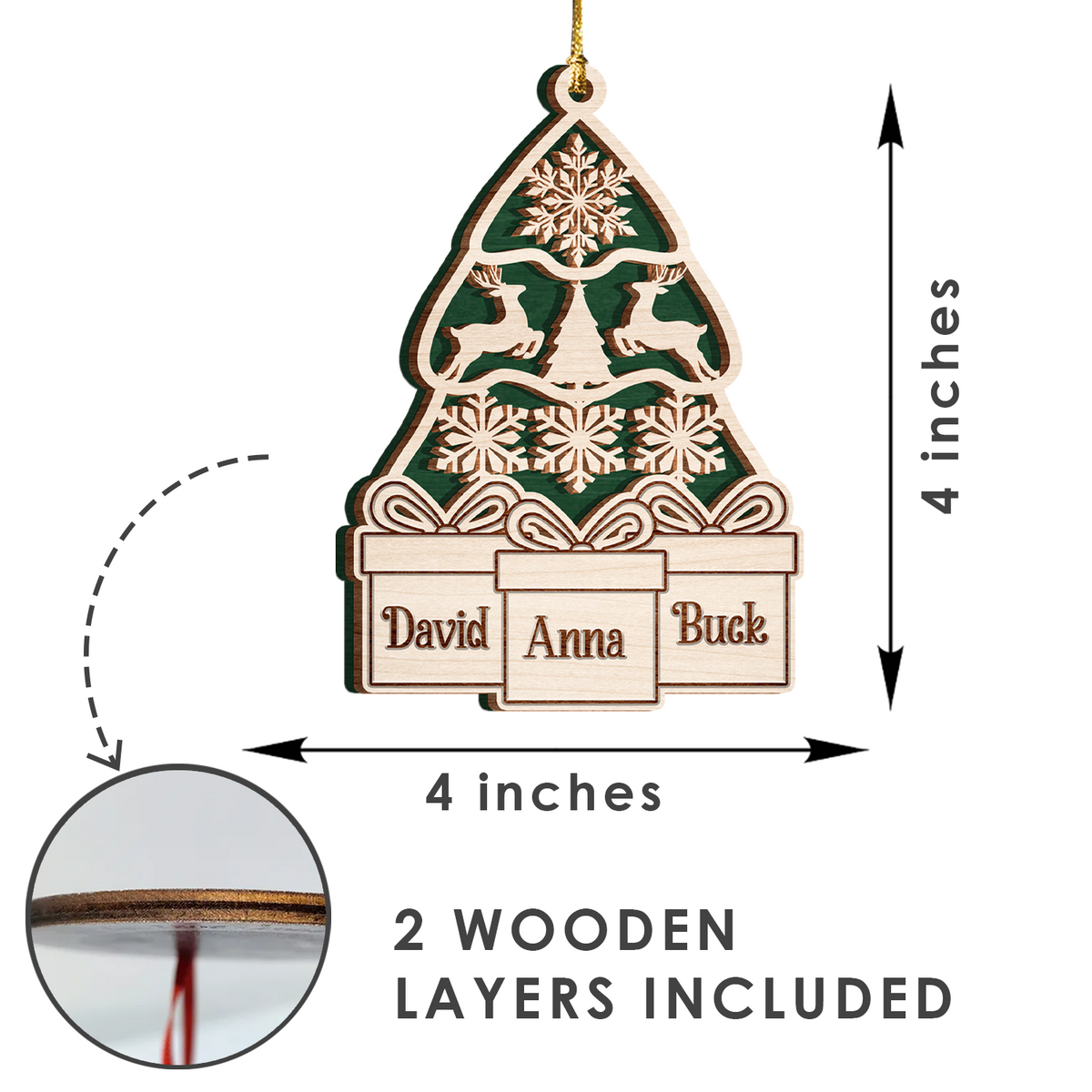 Green Wood Christmas Pine Gift Family Custom Ornament 2 Wooden Layers Christmas Hanging Gift