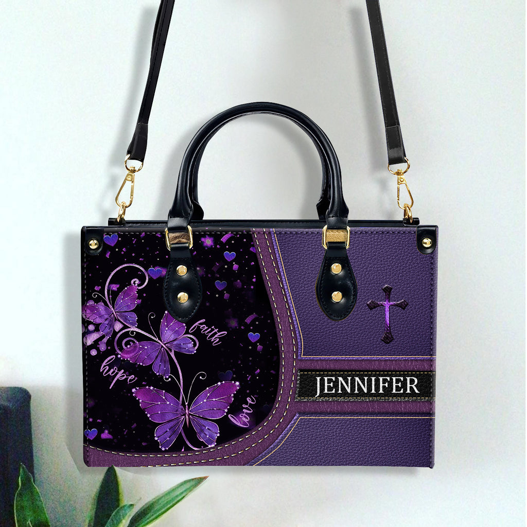 Faith Hope Love Purple Bag Personalized Leather Handbag Bags, Gifts for Women